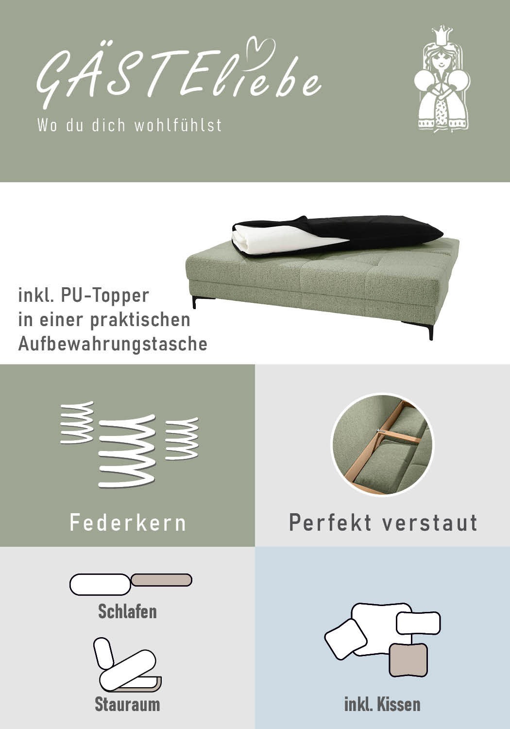 Jockenhöfer Gruppe Schlafsofa »Felix, B: 205 cm, Liegefl. 155x201 cm, Dauerschlafsofa, inkl. Topper« inklusive Bettfunktion und Bettkasten, Federkernpolsterung