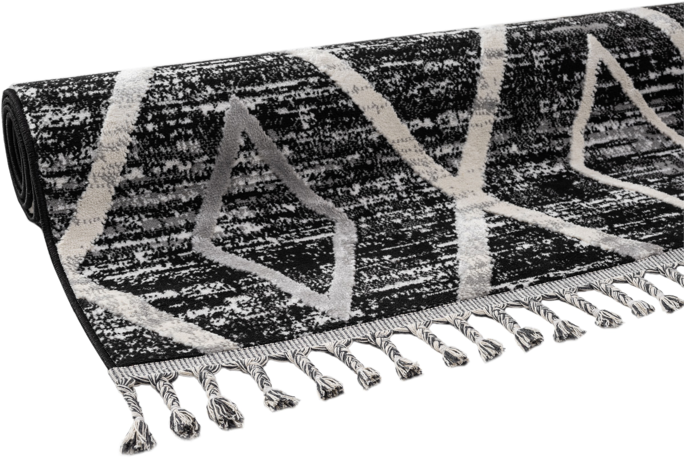 my home Teppich »Otilie« rechteckig 11 mm Höhe dichte Qualität, Woll-Look, Boho, mit Fransen und Rauten, Scandi
