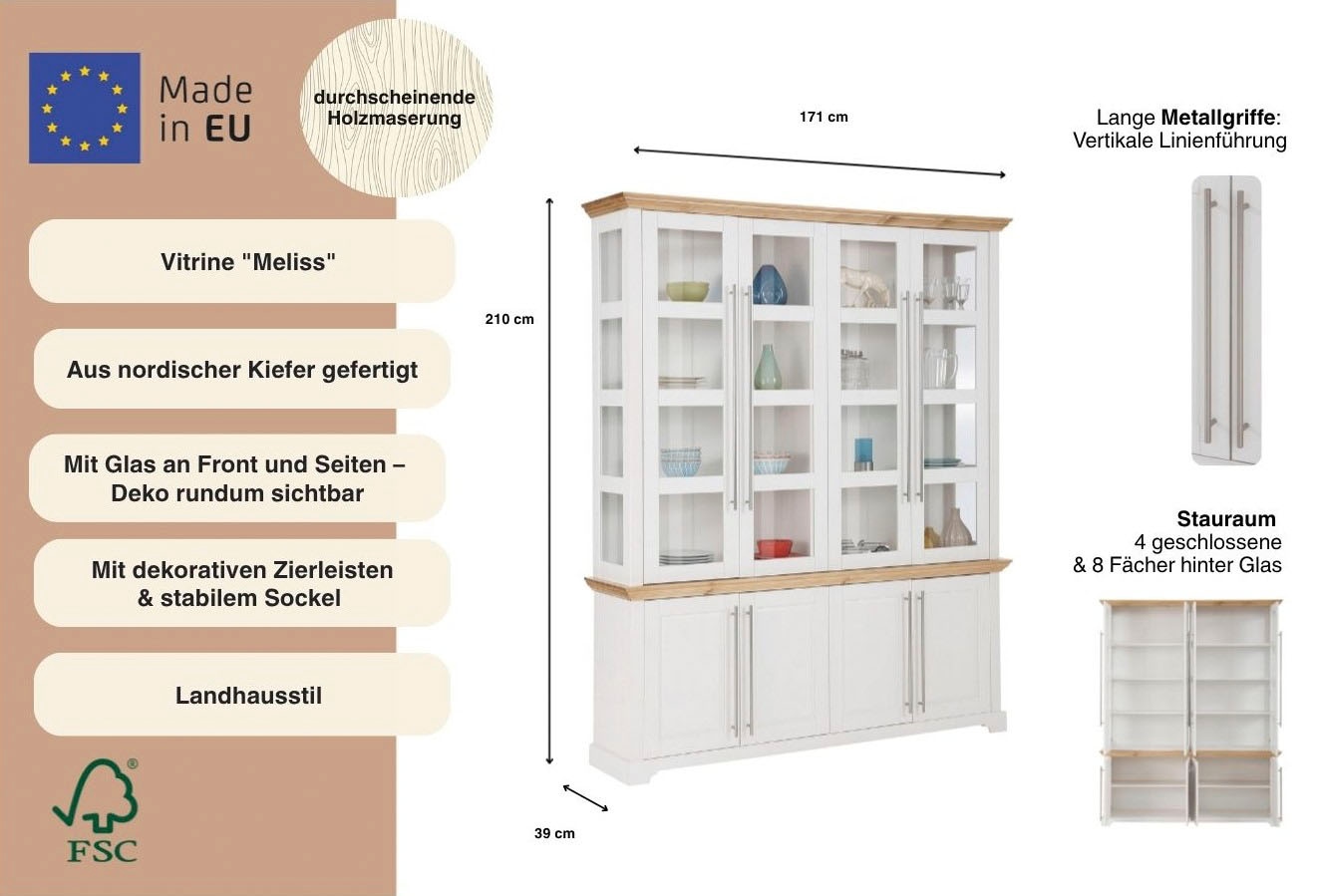 OTTO home Vitrine »Melissa« aus massiver Kiefer, FSC® zertifiziert, Breite 171 cm
