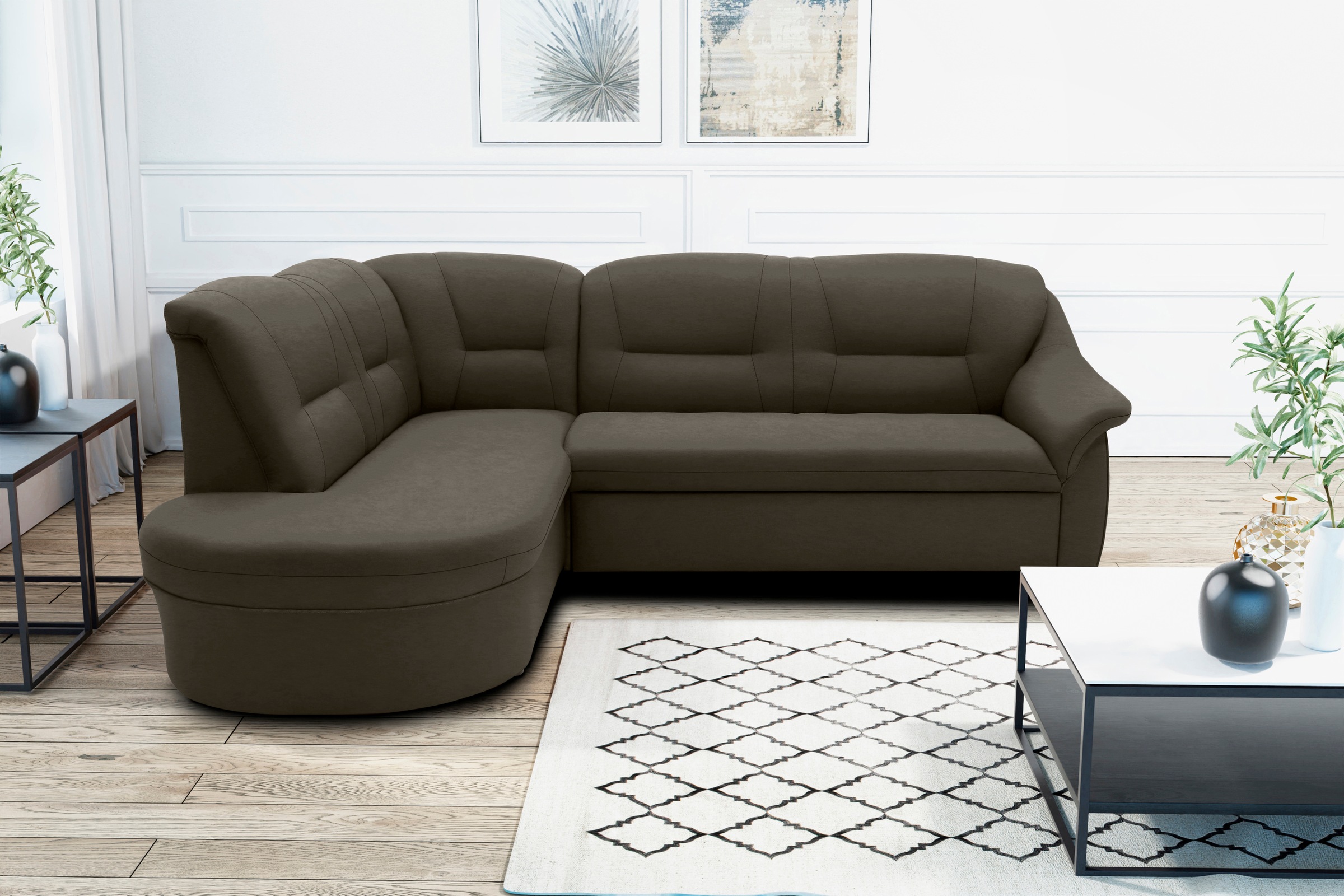 DOMO collection Ecksofa »Faenza für kleine Räume, Stellmaße 232,176cm, komfortabel, L-Form«, mit Ottomane, zeitlos, elegante Armlehnen, wahlweise mit Bettfunktion