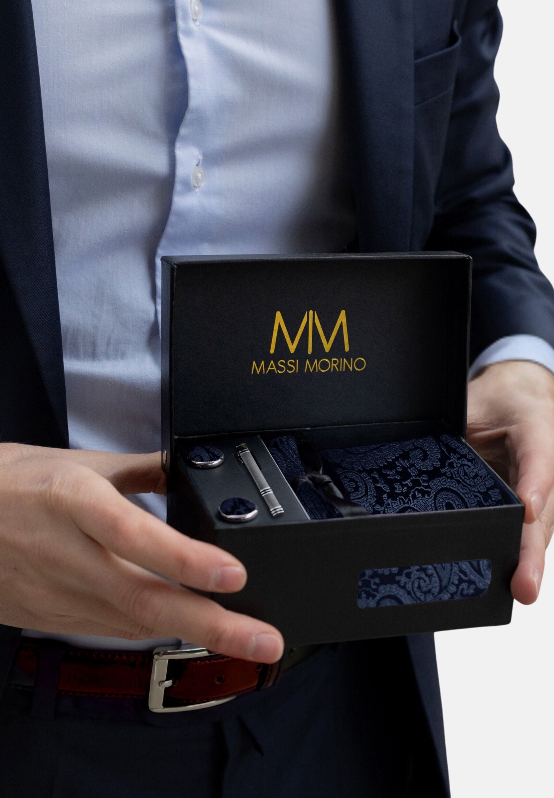 Massi Morino Krawatte »Massi Morino Krawatten-Set« mit Einstecktuch, Manschettenknöpfen und Krawattenklammer
