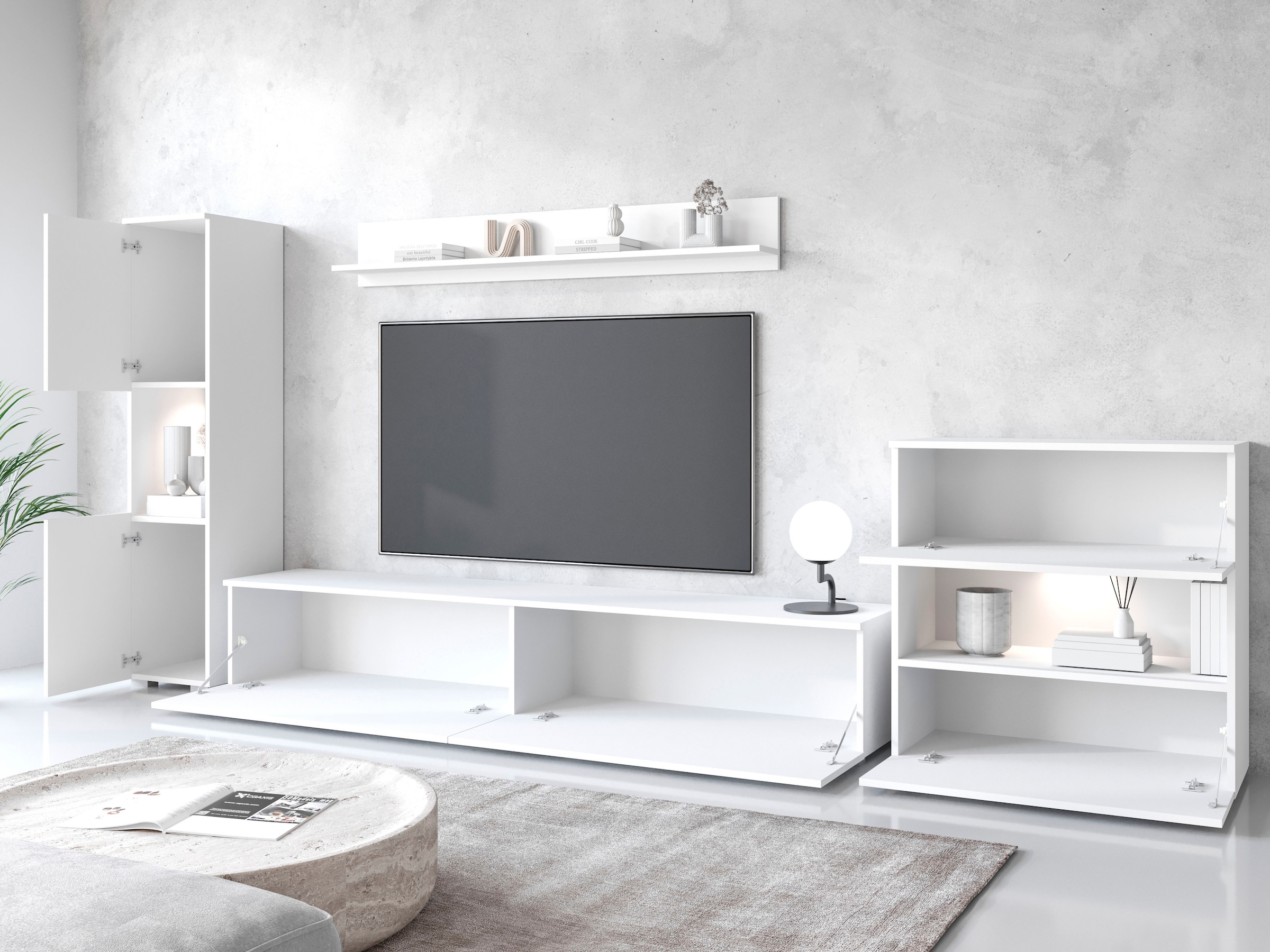 INOSIGN Wohnwand »PARIS, Vitrine Türanschlag links/rechts wechselbar«, (Komplett-Set, 4 St.), grifflose Design, stehend und hängend montierbar