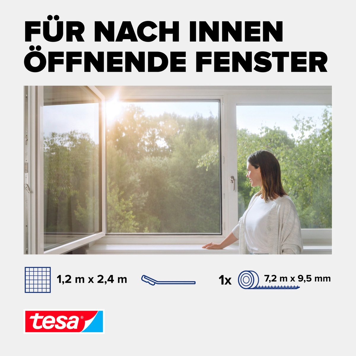 tesa Insektenschutz-Fensterrahmen »Pollenschutzgitter für Fenster - 1,2m x 2,4m«, Pollenschutzgitter - ohne Bohren- zuschneidbar -anthrazit