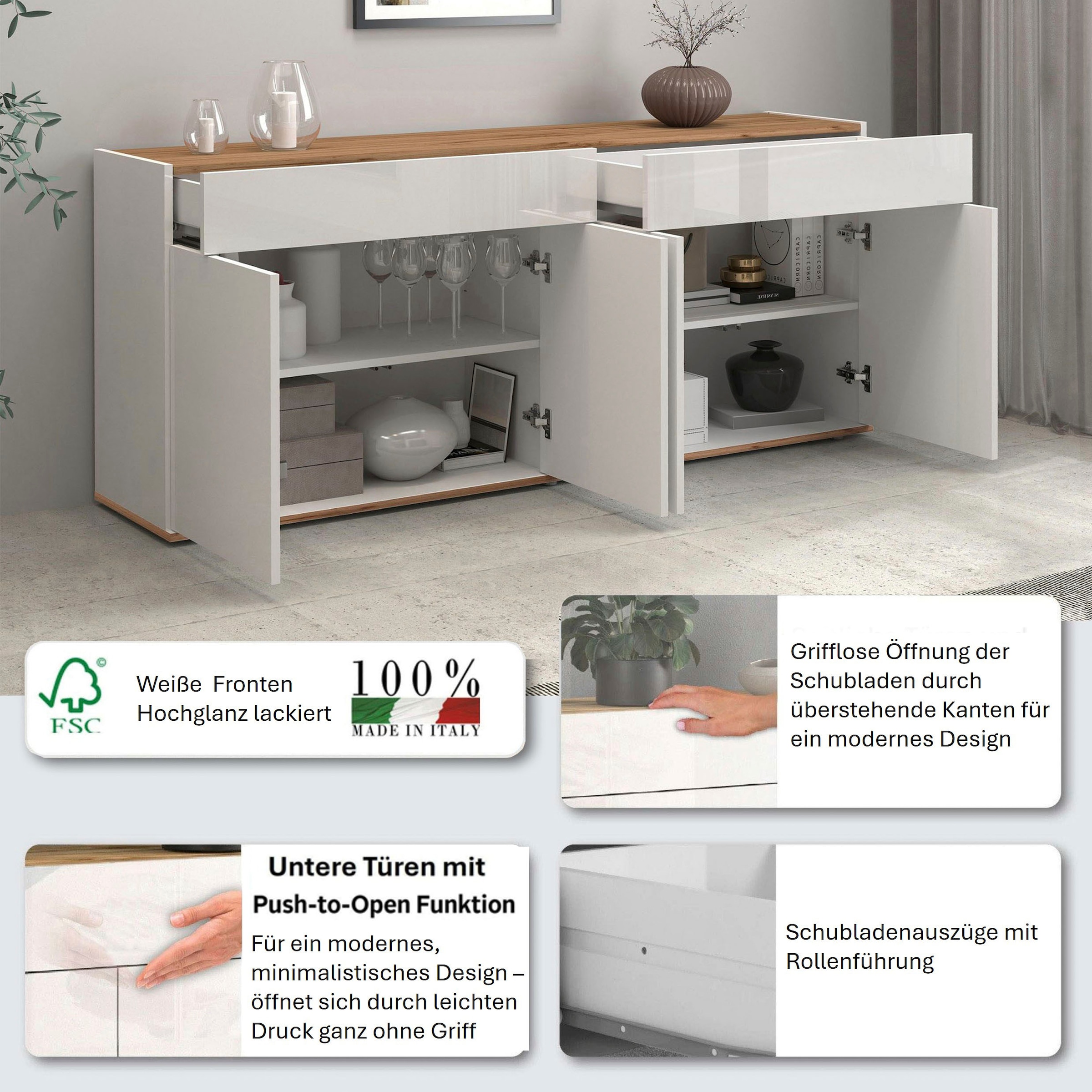 OTTO home »Garda Kommode, Schrank, 4 Türen mit Push-to-Open, Made in Italy« Hochglanzlackierte Fronten,2 Schubladen, grifflos Breite 160,1 cm