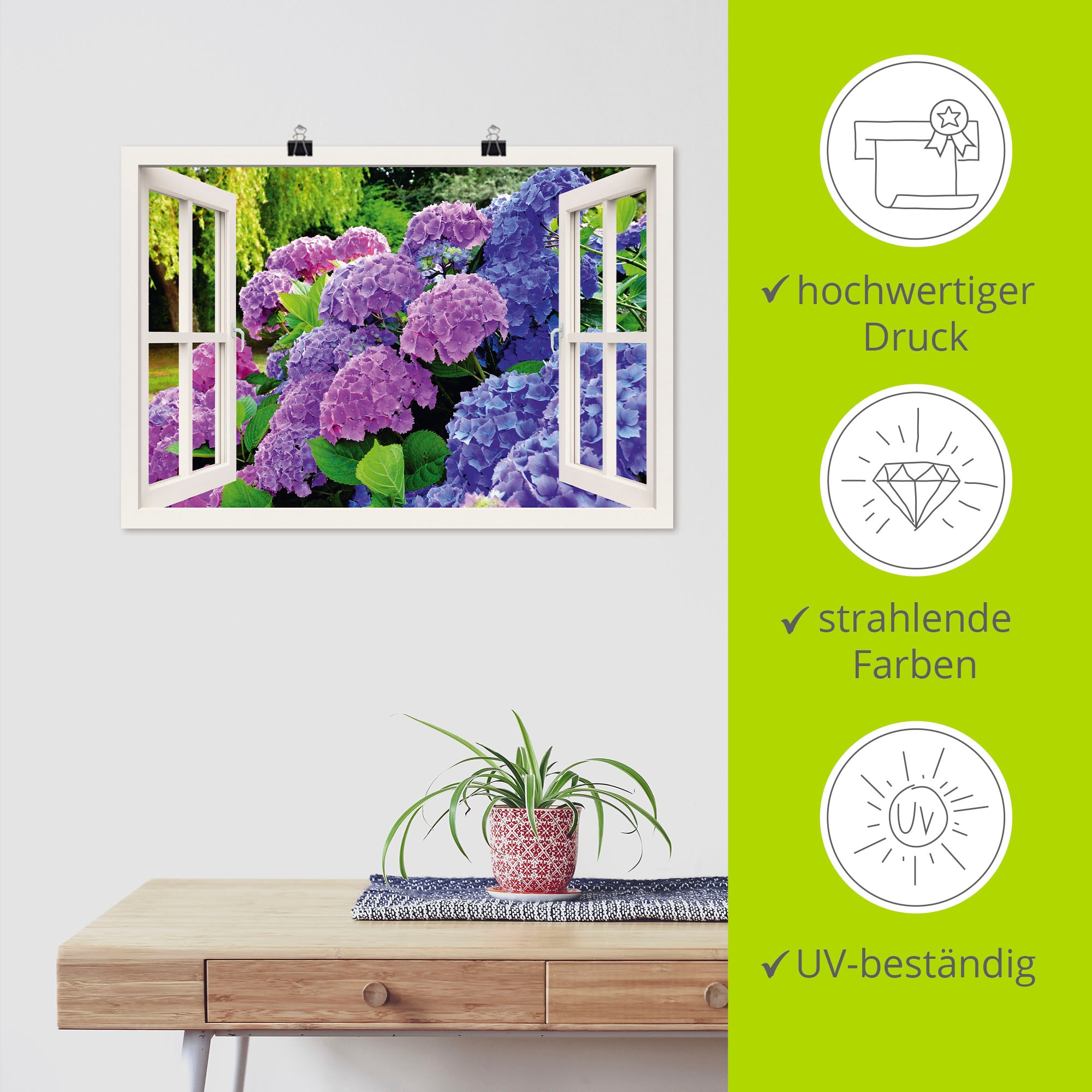 Artland Wandbild »Fensterblick Hortensien im Garten« 1 Stk. tlg. als Leinwandbild, Poster in verschied. Größen