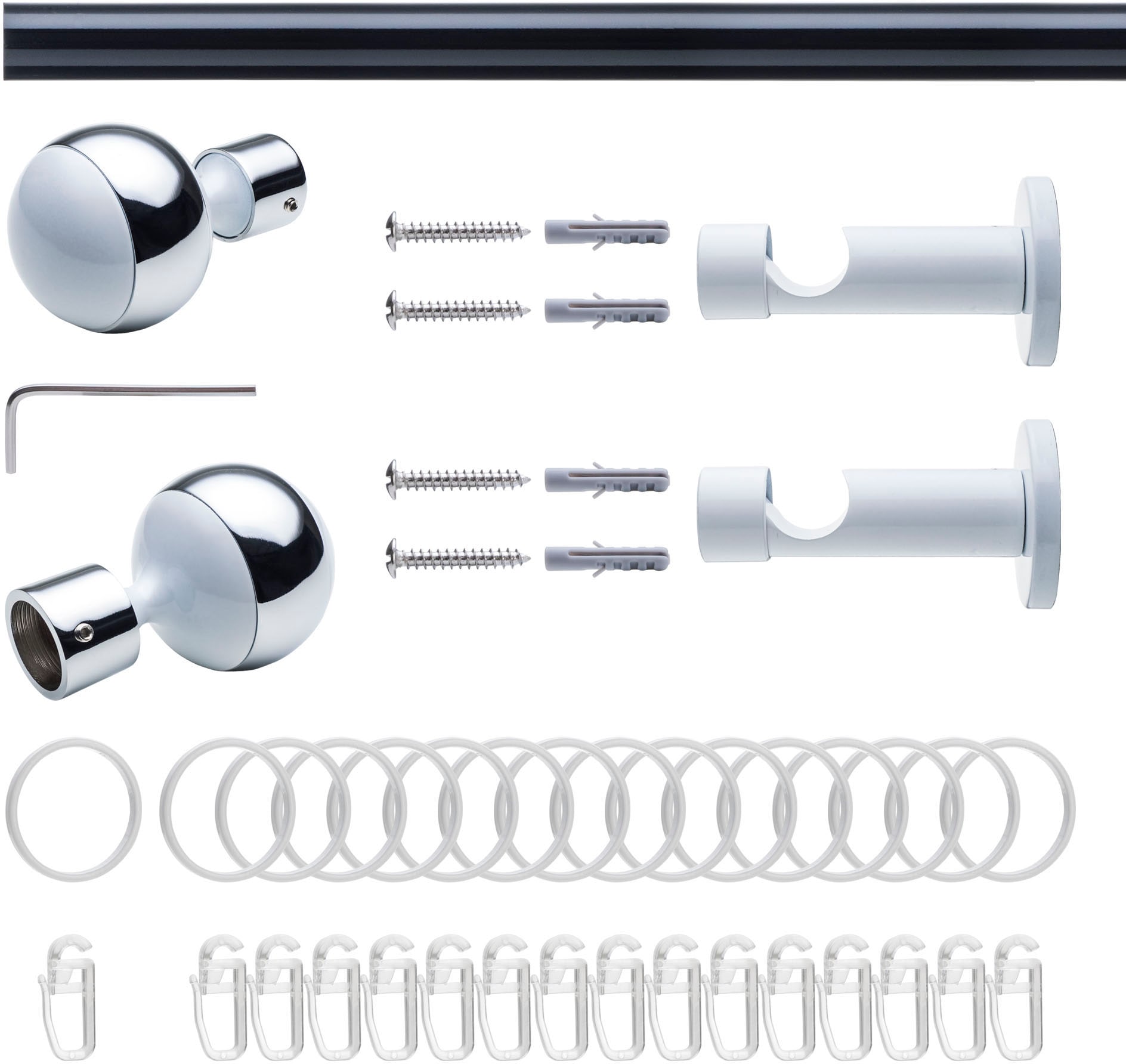 Liedeco Gardinenstange »Fertigstilgarnitur 20 mm Power Celebration Kugel mit Ring«, 1 läufig-läufig, Fixmaß, Gardinenstange Komplett, Farbkombination