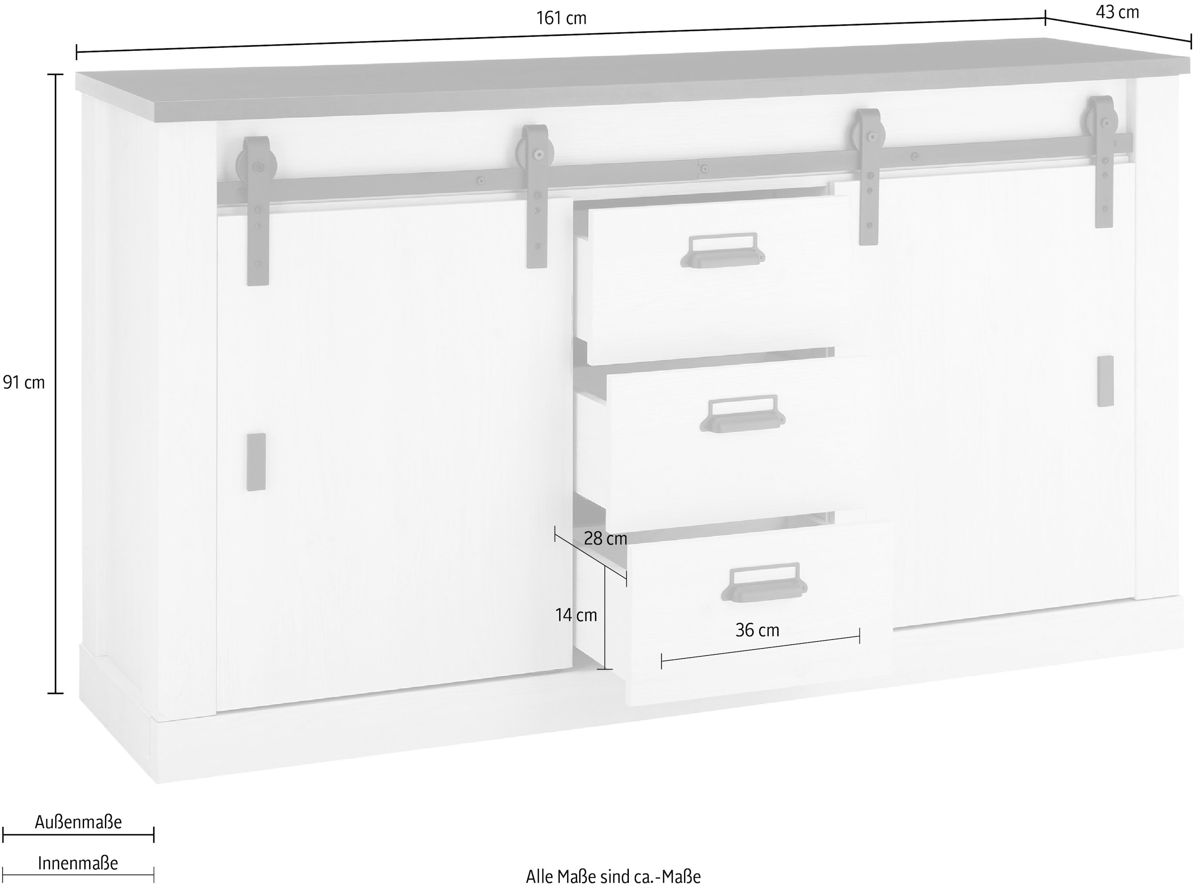 Home affaire Sideboard »SHERWOOD«, Holz Dekor, mit Scheunentorbeschlag und Apothekergriffen, Breite 161cm