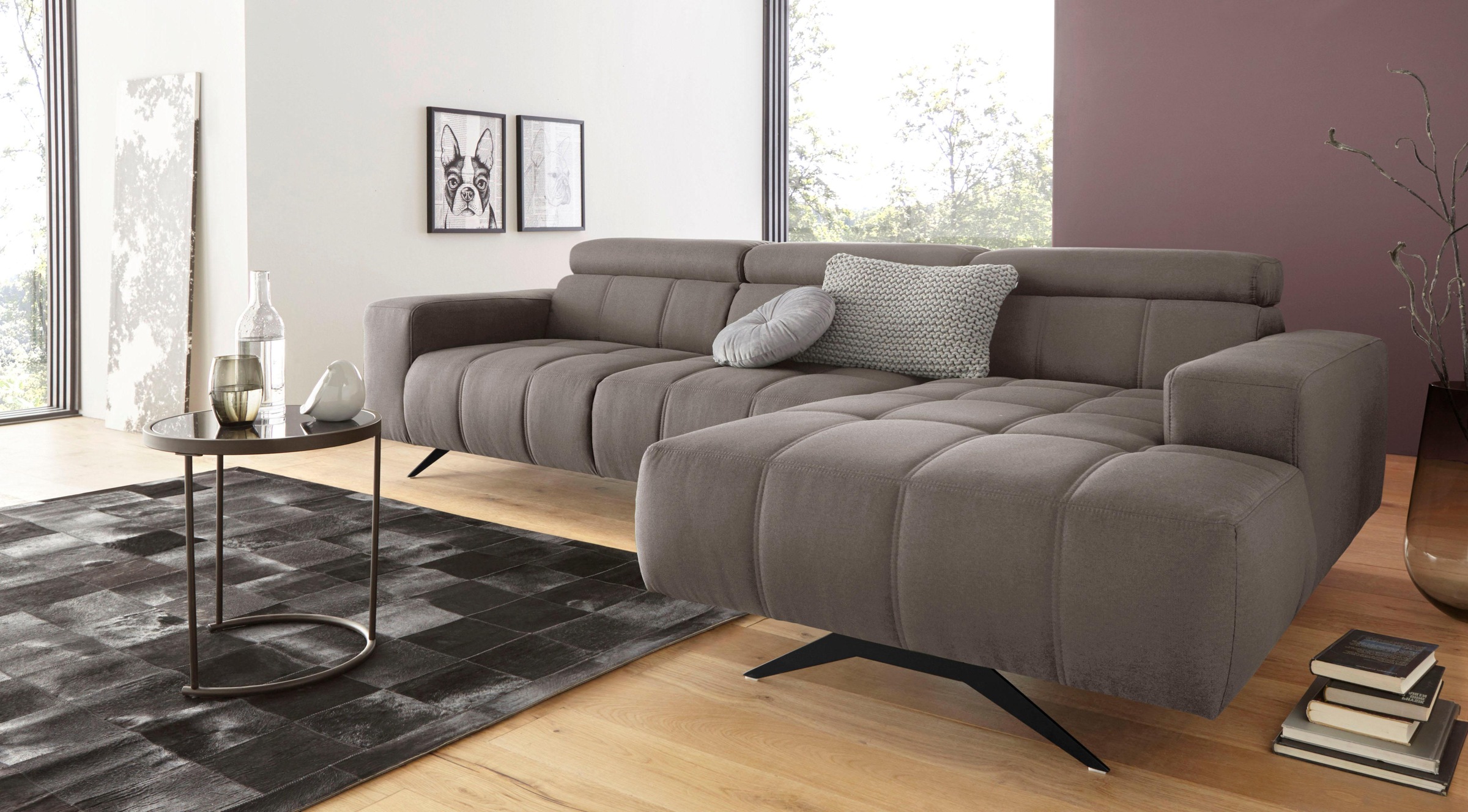 DOMO collection Ecksofa »Trento L-Form, mit Kufenfuß oder Einzelfuß«, wahlweise mit Kopfteilverstellung, Recamiere links/rechts bestellbar