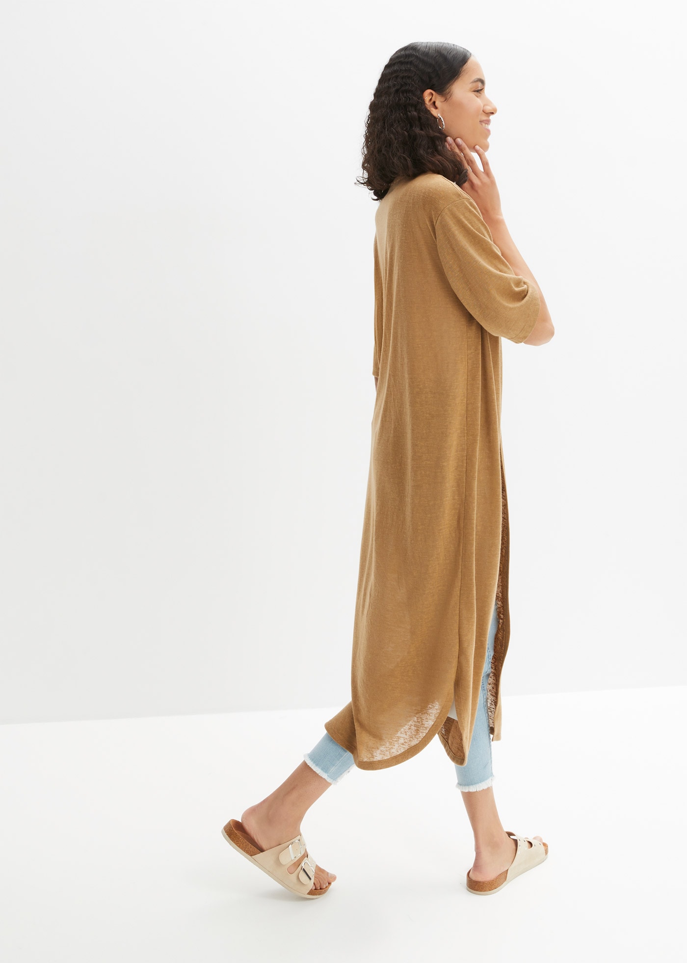 bonprix Strickmantel aus Polyester, Halbarm-Ärmel, offenes Design in Leinenoptik