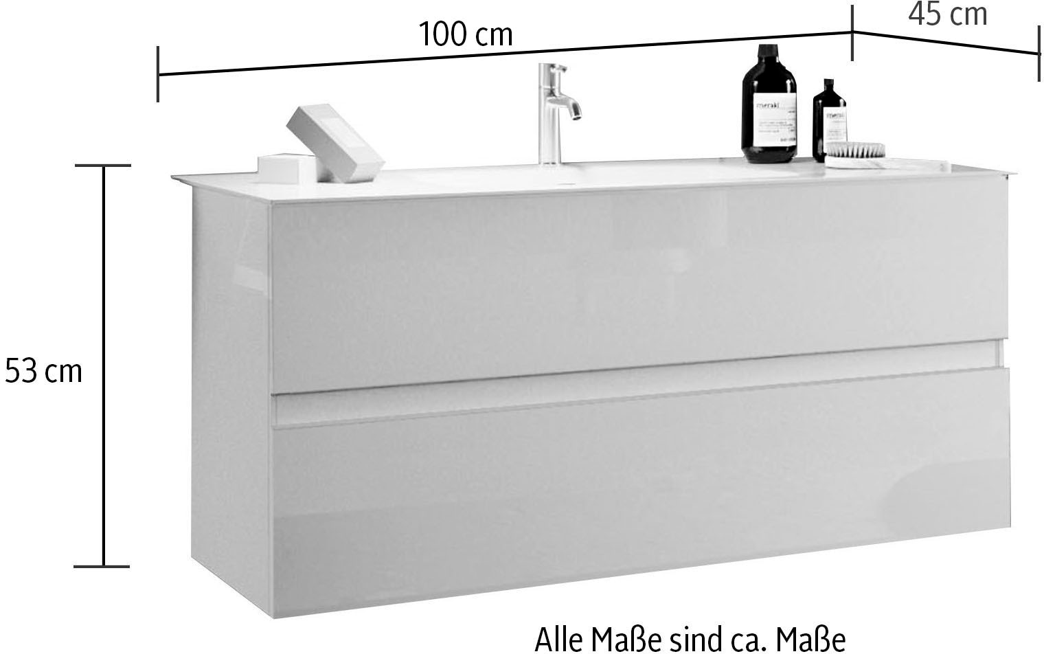 welltime Waschtisch »Start, Breite 100 cm, 2 bzw. 3 Schubkästen«, Badmöbel, Soft-Close, Keramik-Einsatzbecken, Weiß Hochglanz Lack