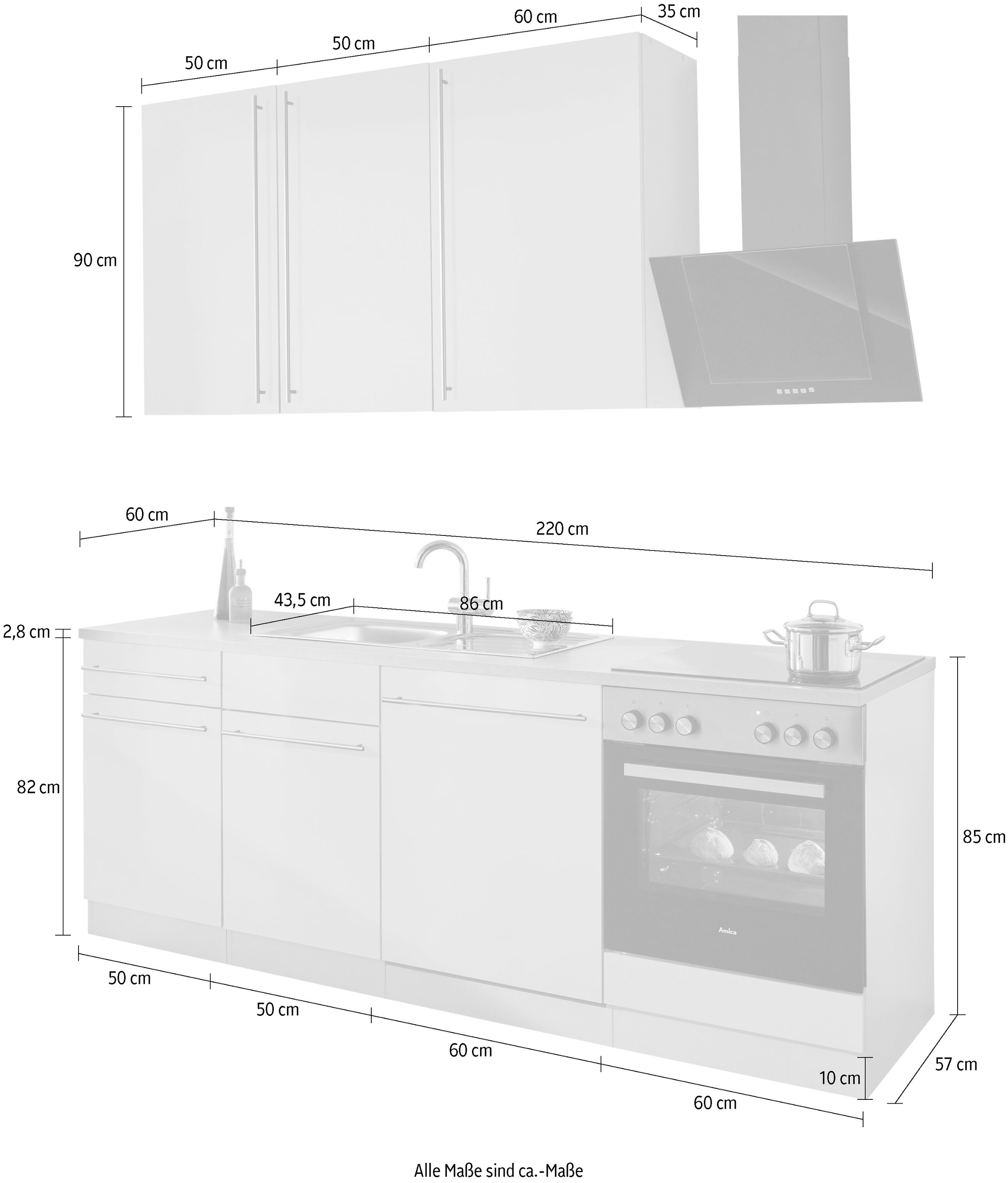 wiho Küchen Küchenzeile »Chicago«, mit E-Geräten, Breite 220 cm