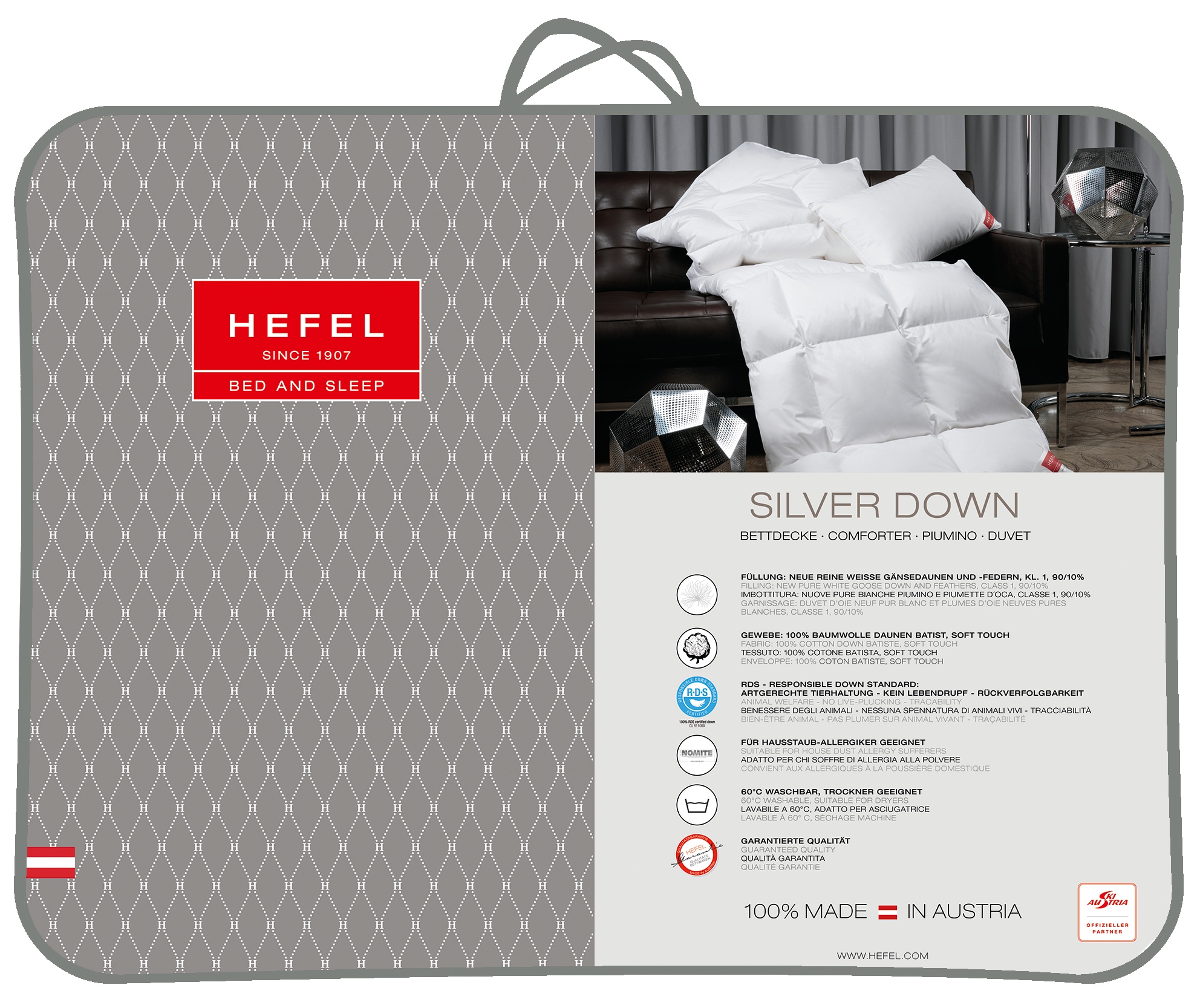 Hefel Einziehdecke »Silver Down«, normal, Füllung neue reine weiße Gänsedaunen (90%) und -federn (10%), Kl. 1, CUIN 600, Bezug 100% Baumwolle Daunenbatist mit Soft Touch Veredelung, (1 St.)