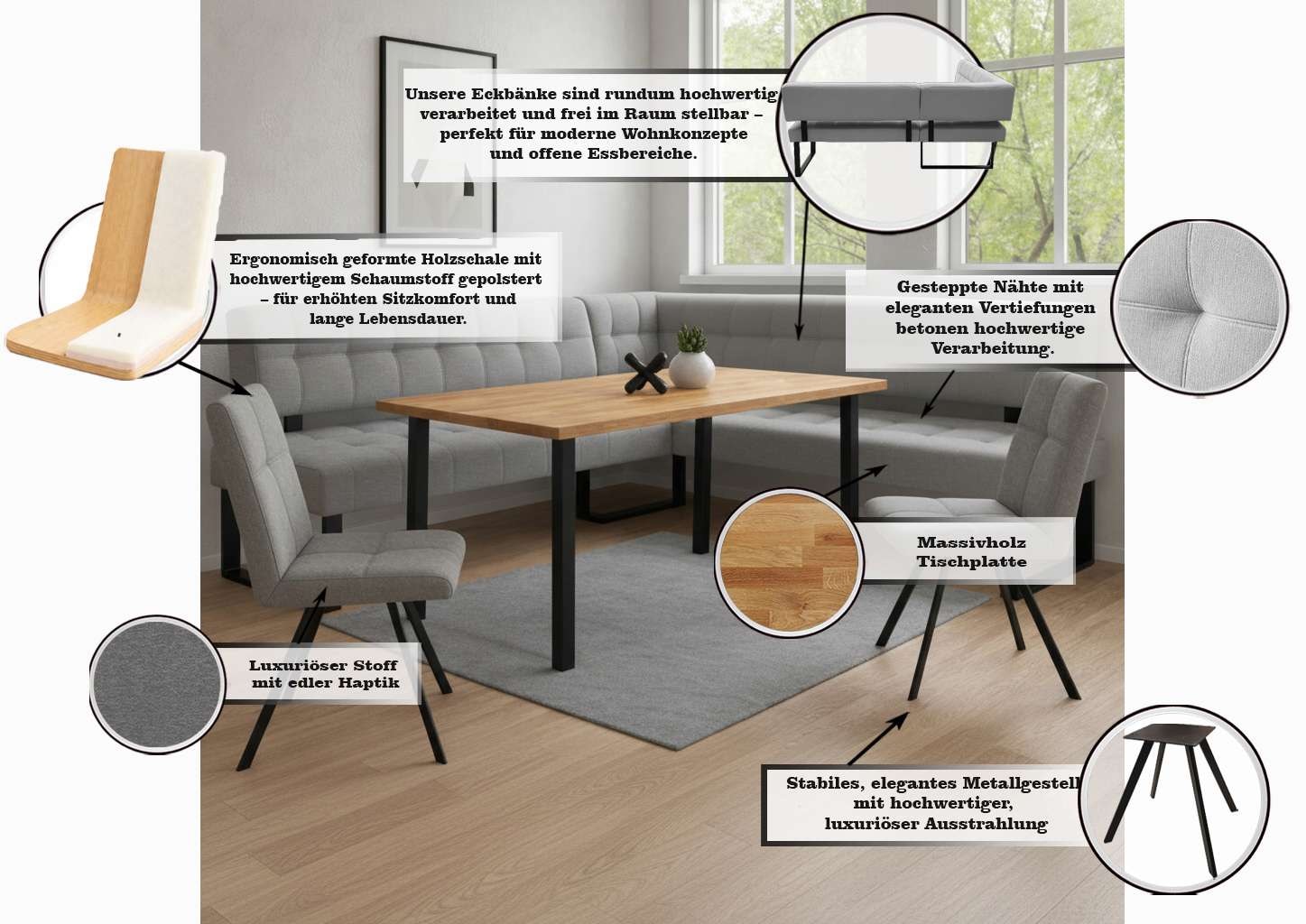 Home affaire »Mia Essecke, Sitzgruppe, Eckbankgruppe, Küchenbankgruppe« Set, 4er, 4 tlg. Eckbank mit Wellenfederung; Tisch in Eiche massiv