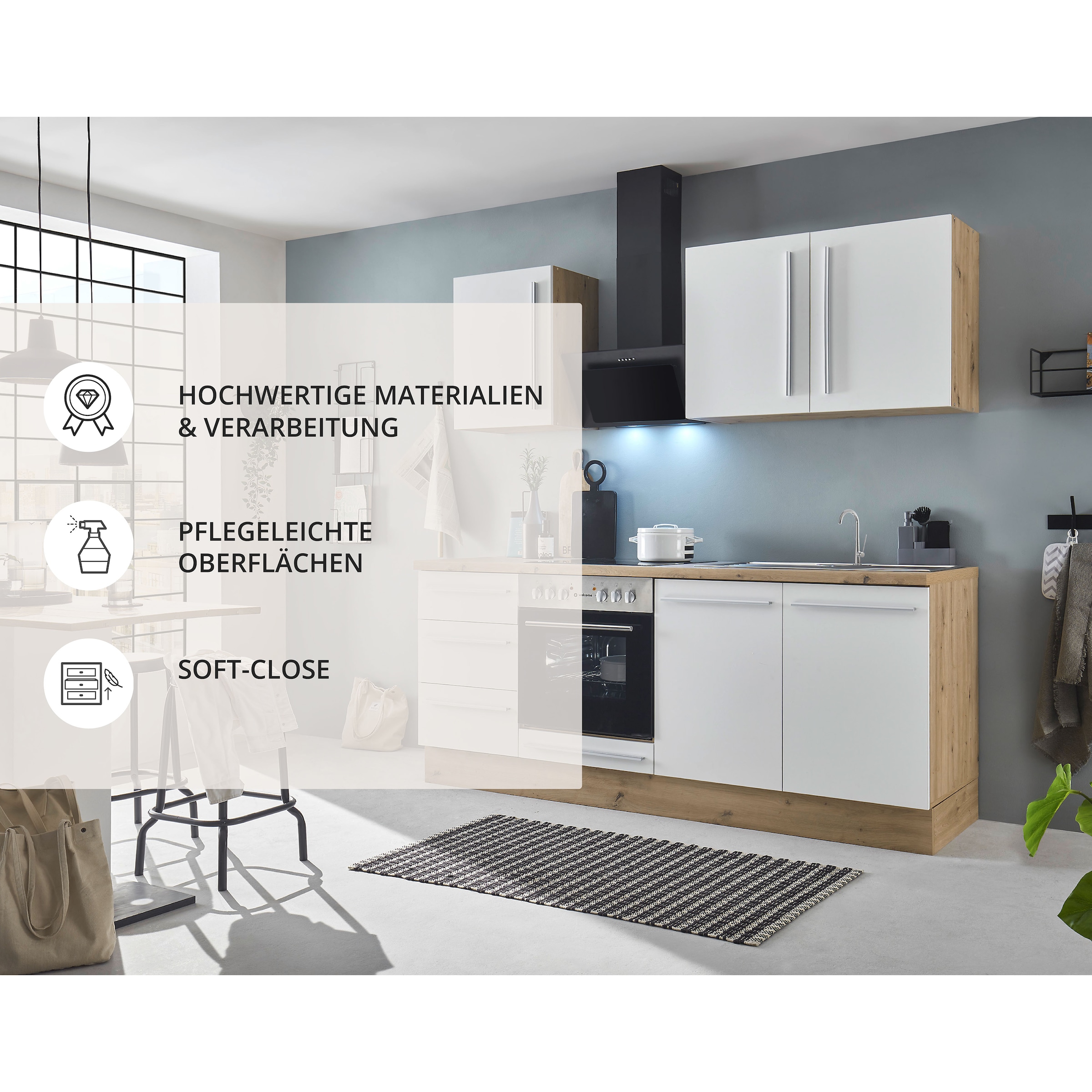 KOCHSTATION Küchenzeile »KS-Florida mit 38mm starker Arbeitsplatte«, Breite 210 cm, wahlweise mit E-Geräten, Soft-Close-Funktion