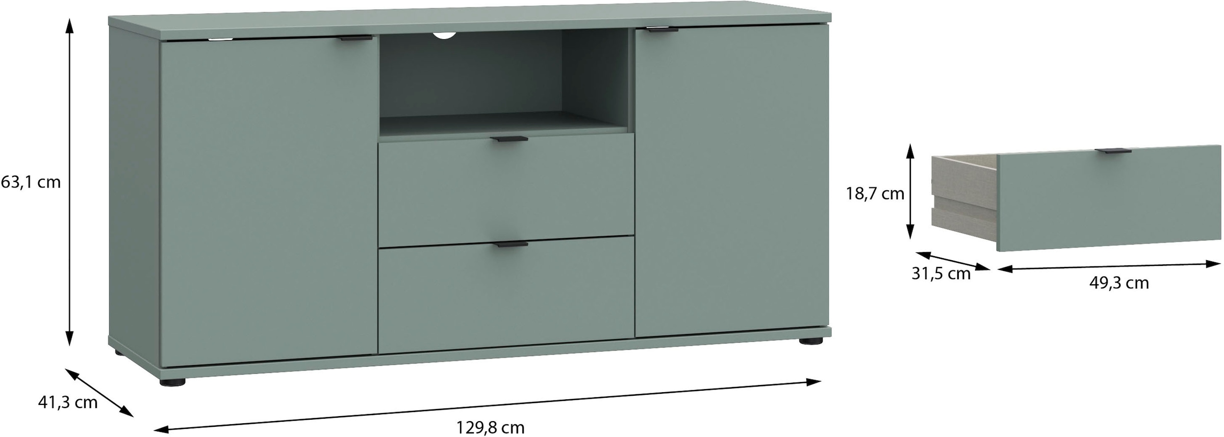 FORTE Lowboard »Ganymede«, (Breite 129,8cm), TV Board, Stauraum, Schublade; Metallgriffe, Kabelführung