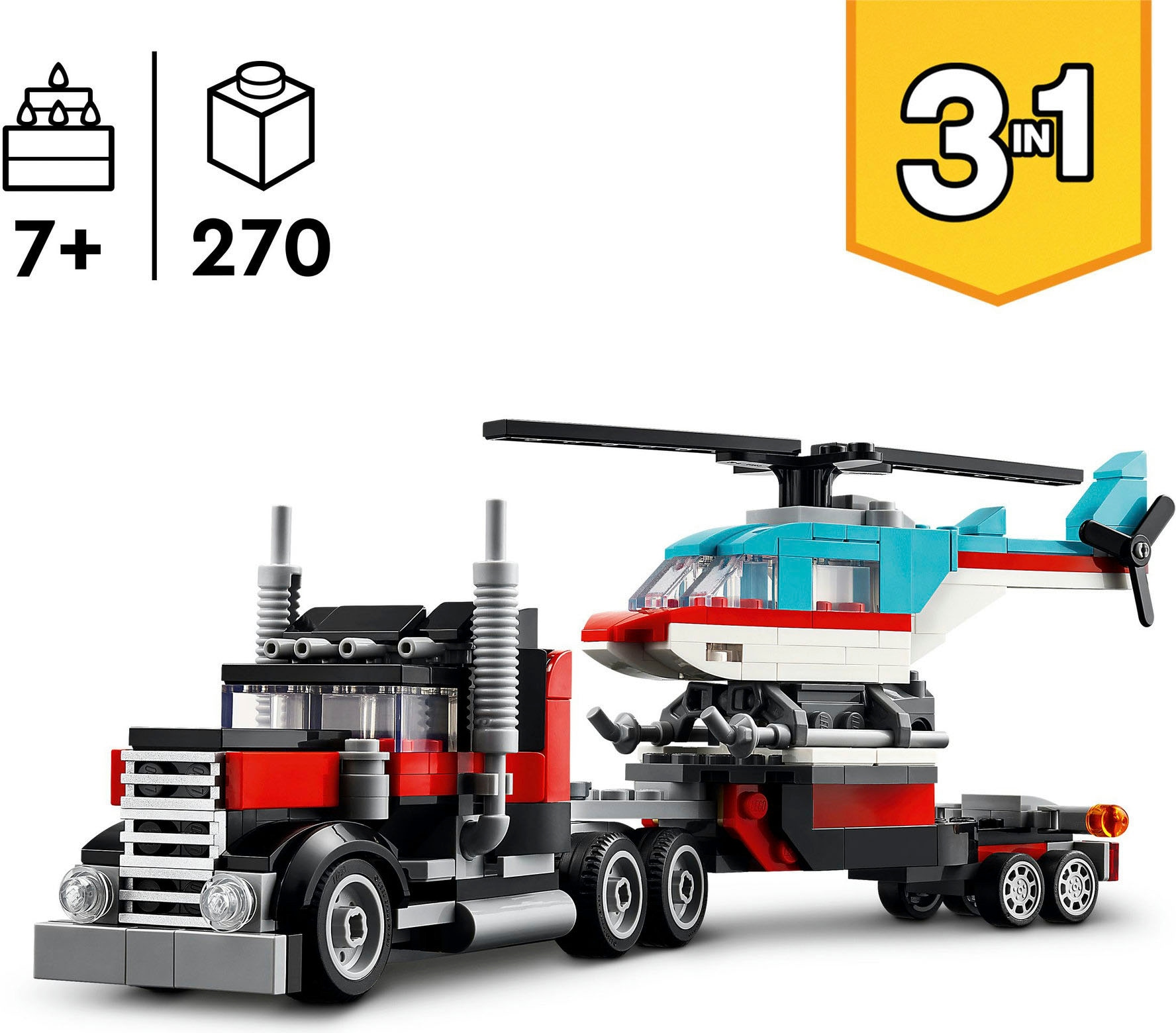 LEGO® Konstruktionsspielsteine »Tieflader mit Hubschrauber (31146), LEGO Creator 3in1«, (270 St.), Made in Europe