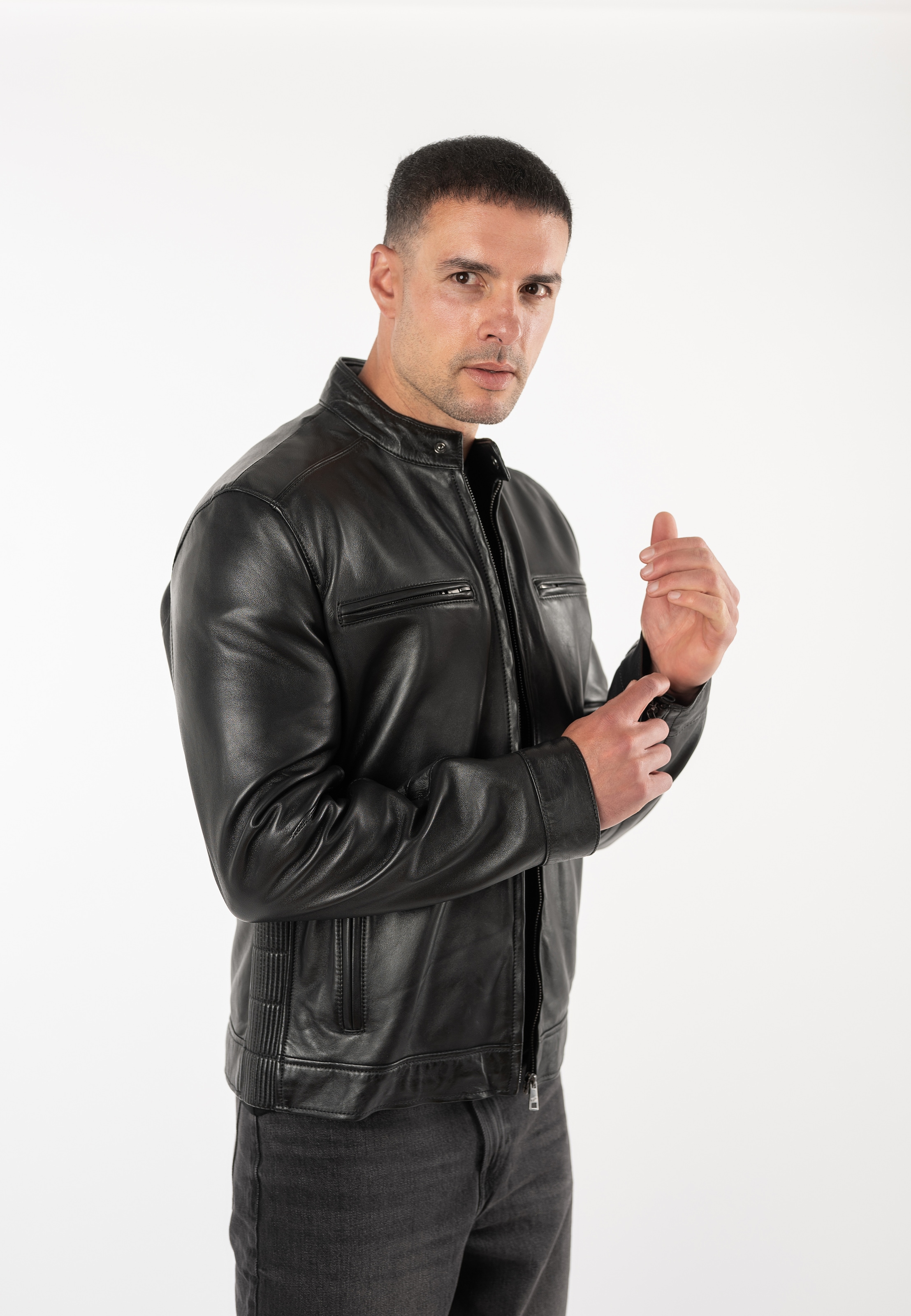 Mauritius Lederjacke »MMBlaco« im Biker-Stil mit Stehkragen und Drucker