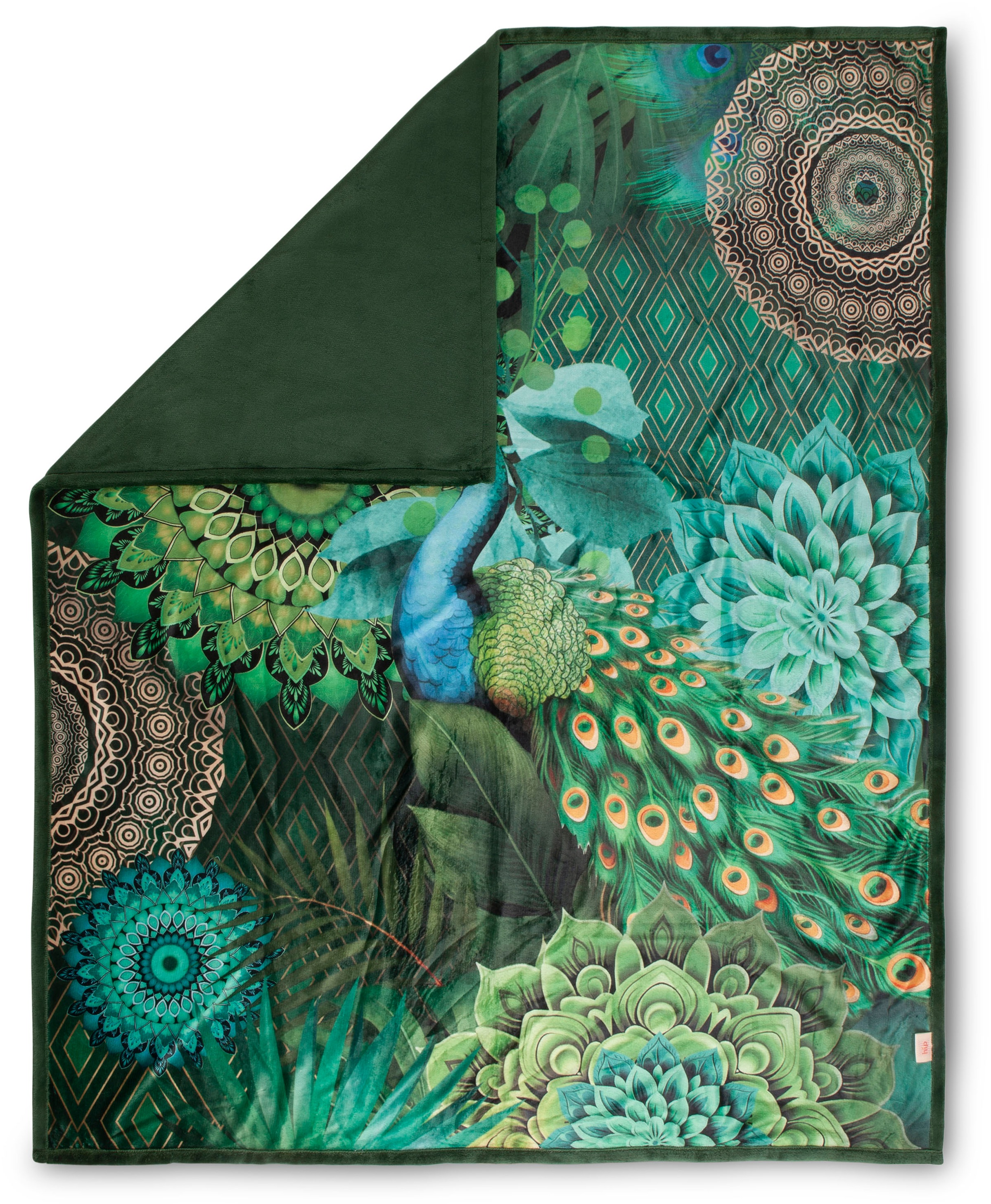 hip Plaid »Agatha«, Weich, Kuscheldecke, 130x160 cm, Wendeoptik, Mandala, Pfau, Grün