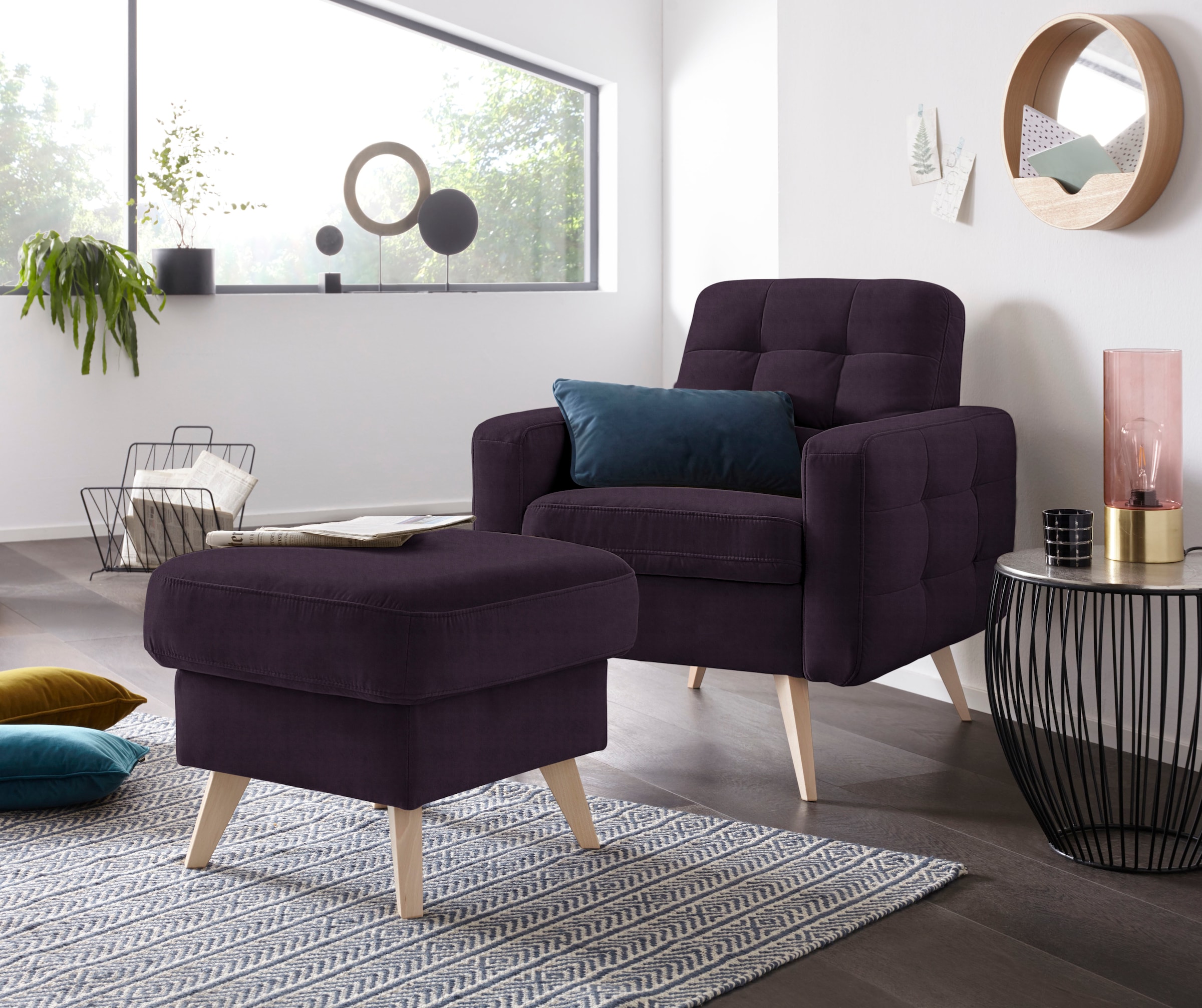 exxpo - sofa fashion Sessel »Nappa, Loungesessel, aktuelle Rückensteppung, bequem und modern«, hoher Holzfuß
