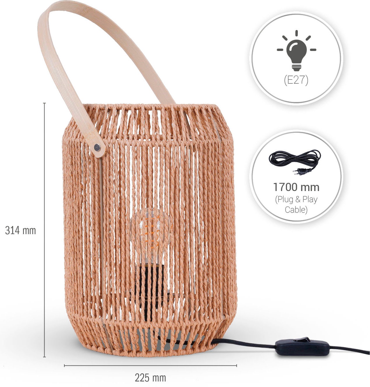 Paco Home Tischleuchte »NANDO«, Leuchtmittel E27 | ohne Leuchtmittel, Tischlampe Schreibtischlampe Beistelltisch Lampenschirm Boho Korb E27