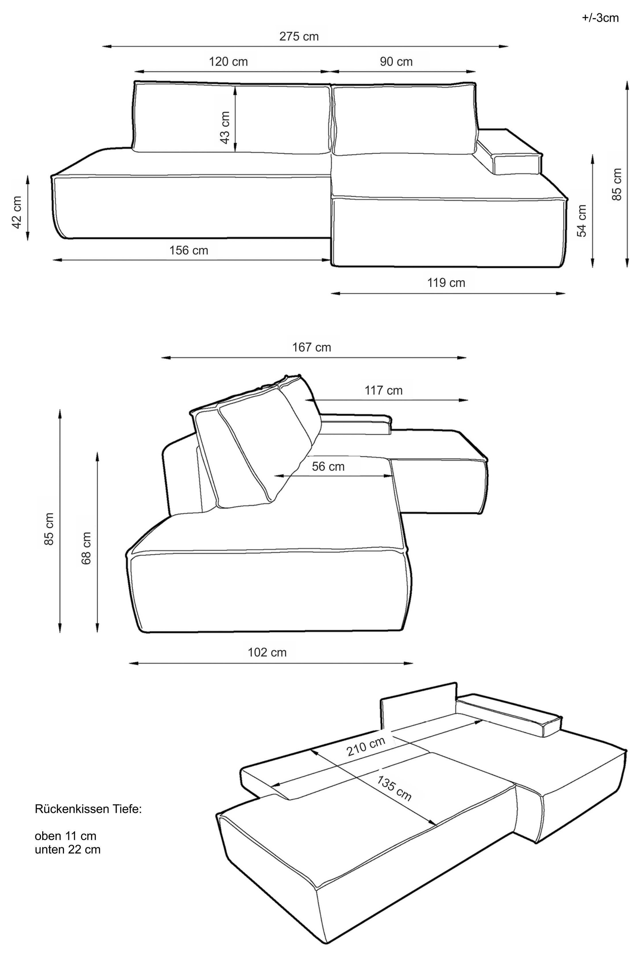 Home affaire Ecksofa »SHERWOOD,  Schlafsofa in L-Form offen (275cm), Cord, Leinenoptik« Schlaffunktion und Bettkasten, Kedernaht, hoher Sitz- & Liegekomfort,