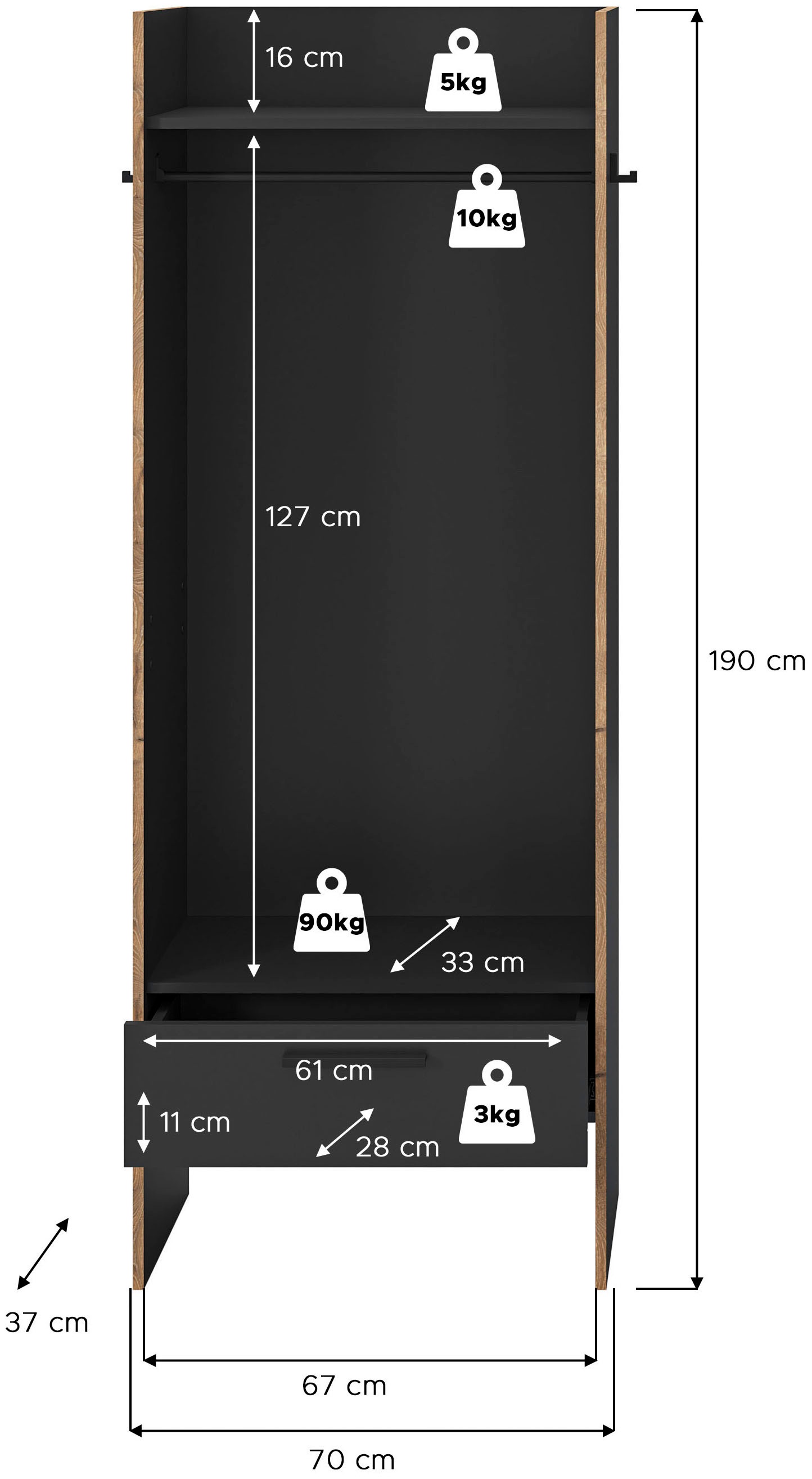 INOSIGN Garderobenschrank »MUSTA, Breite: 70cm, inkl. Kleiderstange, 2 Haken, 1 Schubkasten« Dielenschrank, Flurschrank, Schrank, Universalschrank, Sitzbank
