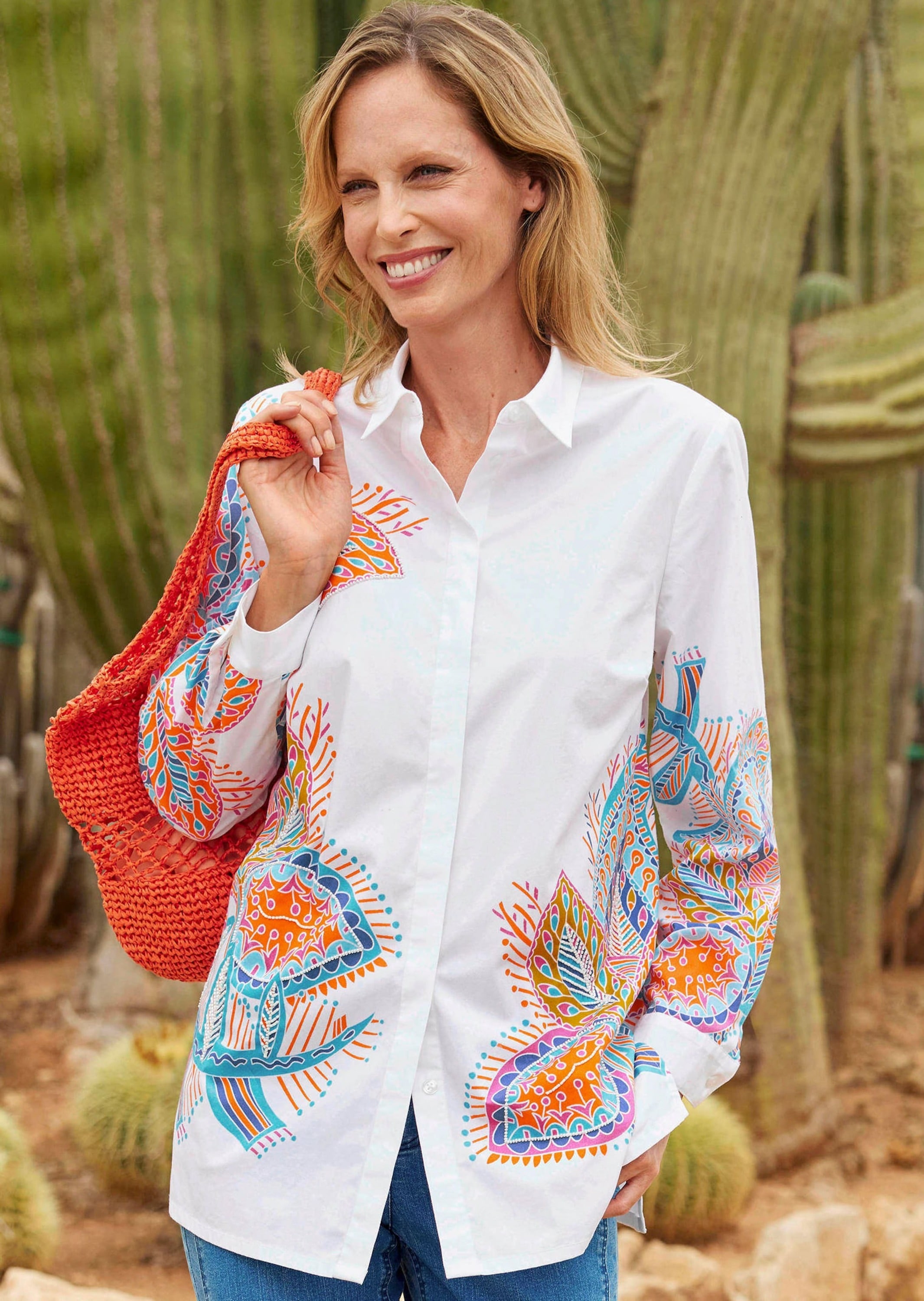 GOLDNER Kurzarmbluse »Kurzgröße Elegante Langarmbluse mit Print« Perlenstickerei