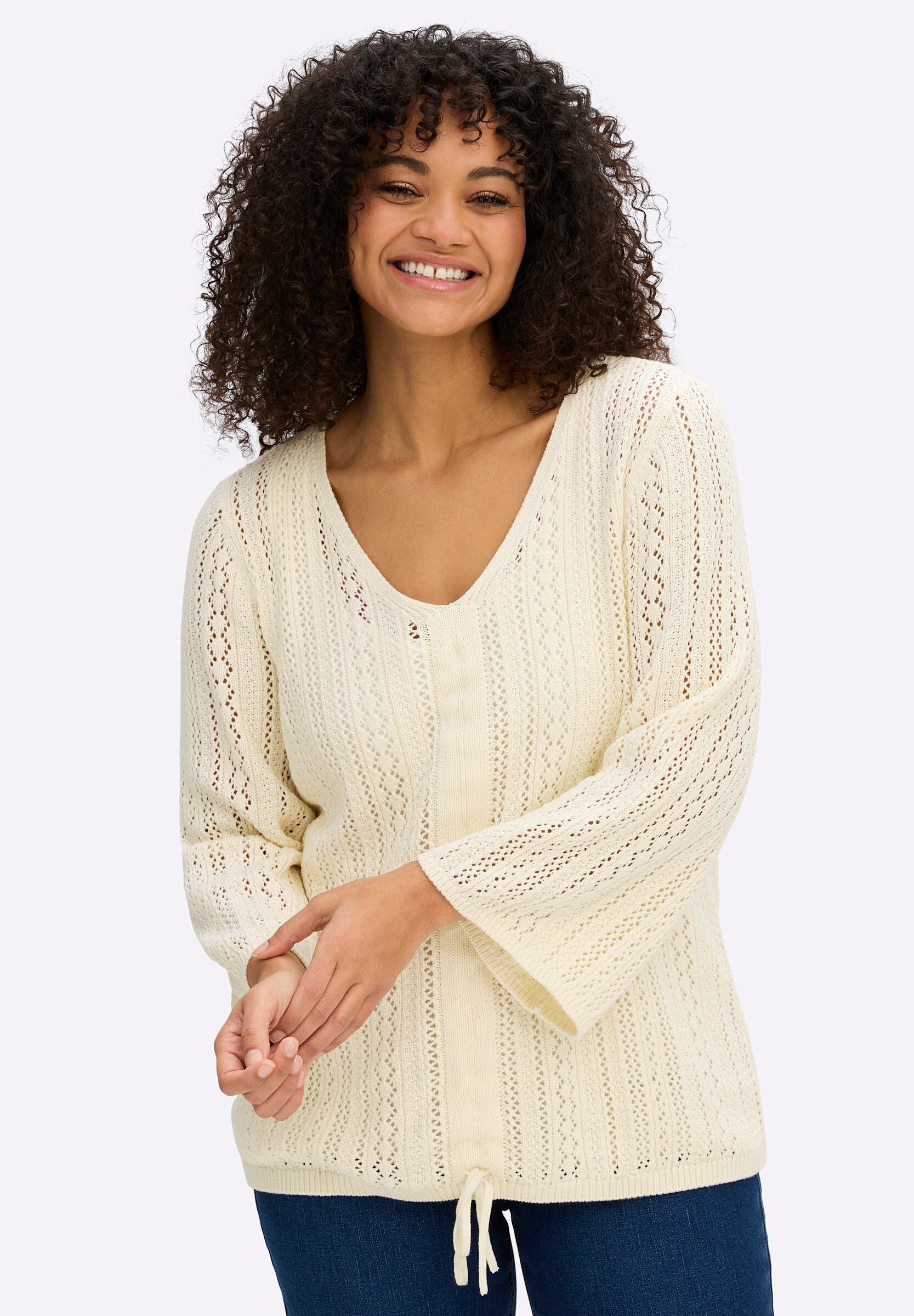 Sheego Strickpullover »3/4-Arm-Pullover Ajourpullover mit Bindeband am Saum«