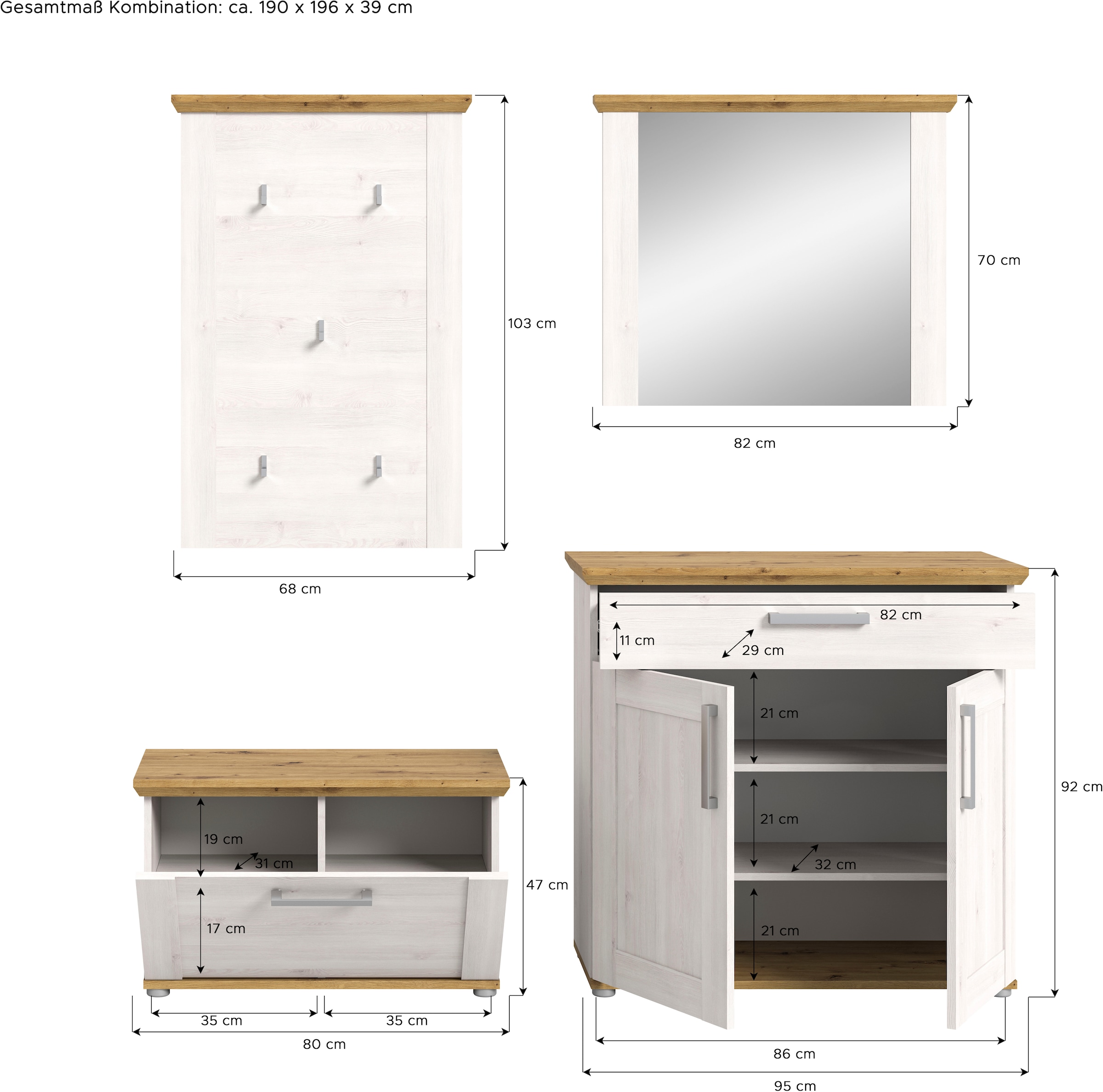 Home affaire Garderoben-Set »COSENZA, TOPSELLER!, Breite ca. 190 cm, 4-teilig, in Landhausoptik«, (4 St., bestehend aus: Sitzbank, Garderobenpaneel, Schuhschrank, Spiegel), Garderobenkombination, Kombination, Diele, Garderobe, Garderobenmöbel