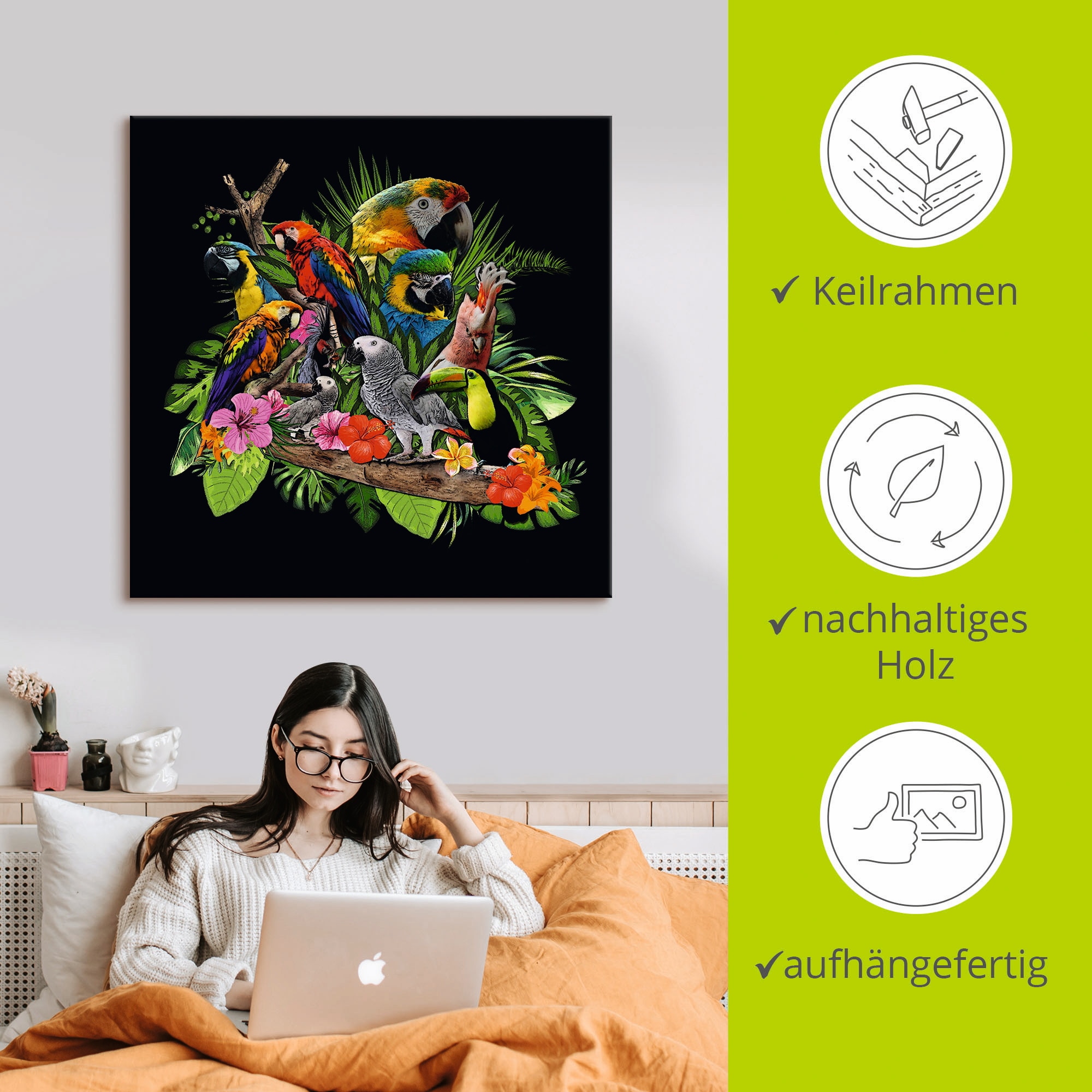 Artland Wandbild »Papageien Graupapagei Kakadu Dschungel«, Vögel, (1 St.), als Alubild, Outdoorbild, Leinwandbild, Poster, Wandaufkleber