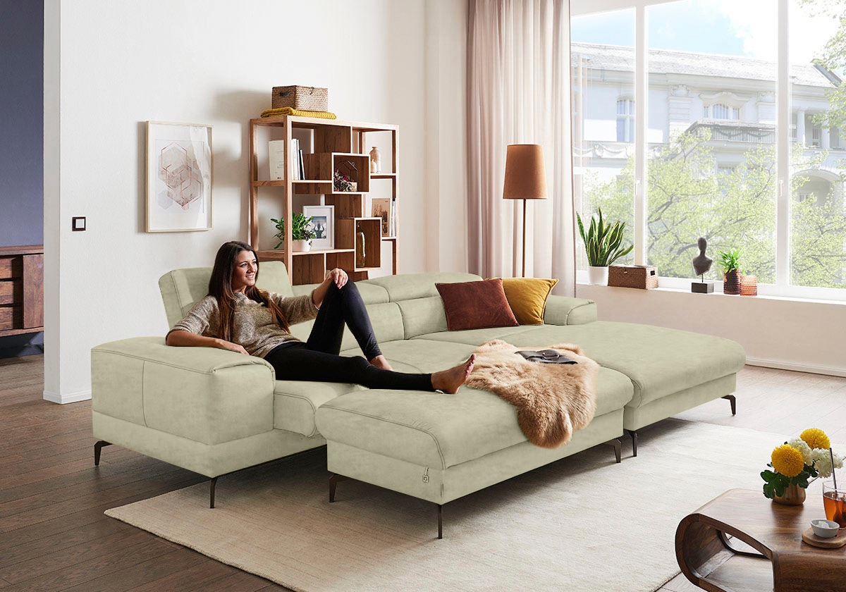 W.SCHILLIG Ecksofa »piedroo, Designsofa mit tollem Sitzkomfort, elegant und bequem, L-Form«, Kopfteilverstellung, wahlweise mit Sitztiefenverstellung, Breite 303cm