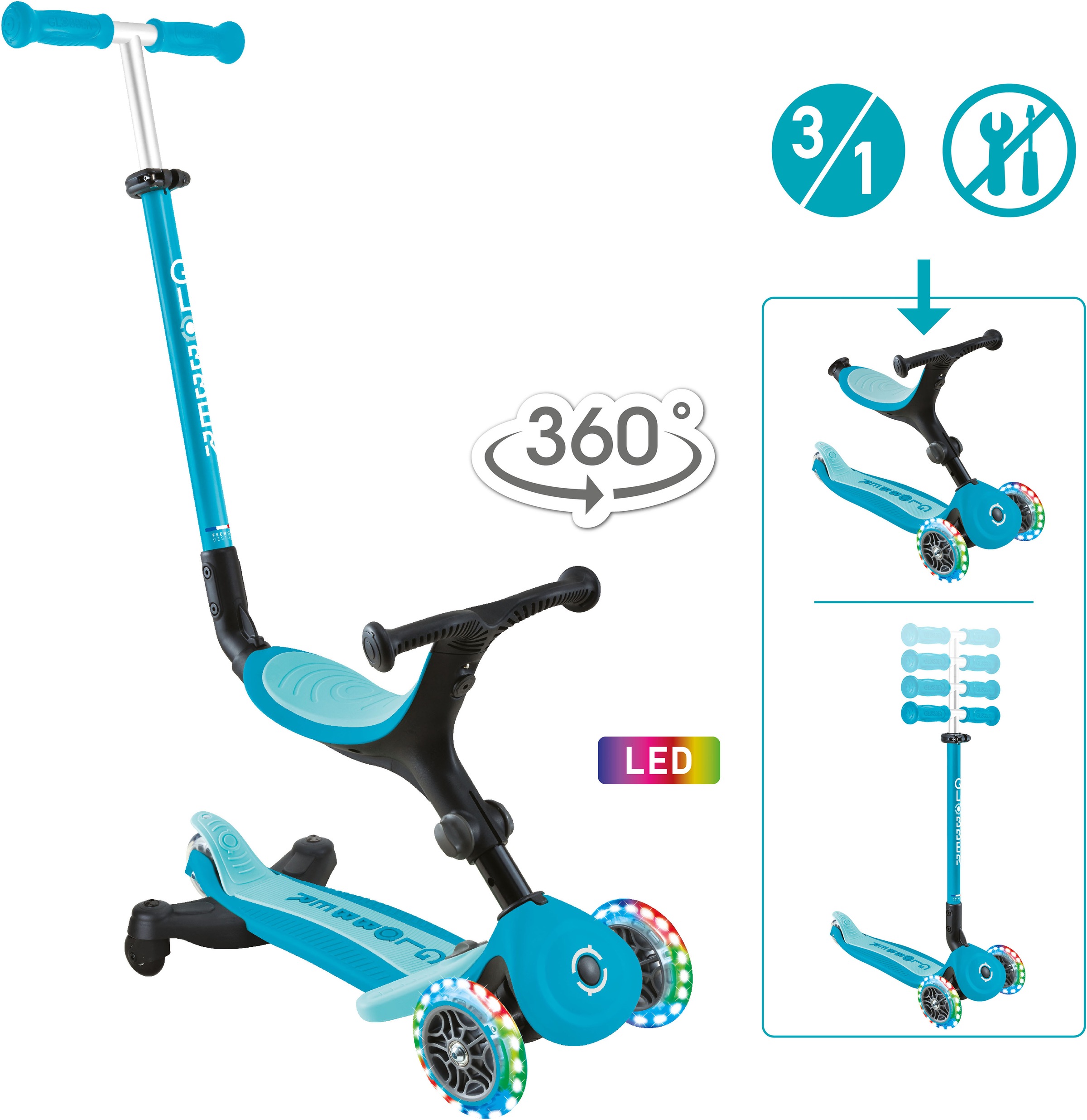 Globber Tretroller »GO-UP ACTIVE LIGHTS 360, mit Leuchtrollen« Aufsitzrad, Laufrad und Scooter