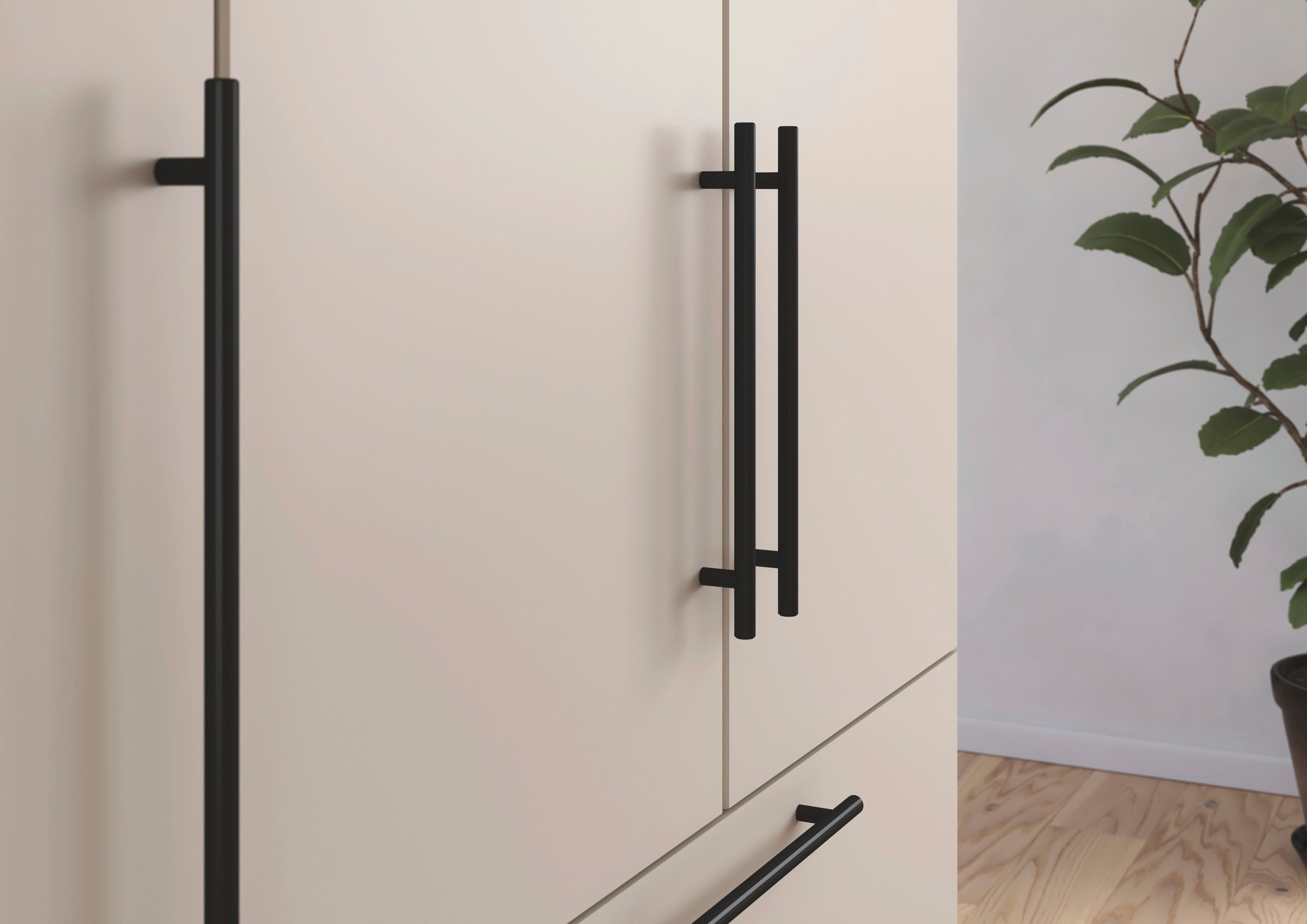 rauch Kleiderschrank »Drehtürenschrank Schrank Garderobe Wäscheschrank Schlafzimmer AVOLA«, (in 3 verschiedenen Ausstattungen BASIC/CLASSIC/PREMIUM), mit hochwertigen Stangengriffen aus Metall in Schwarz MADE IN GERMANY