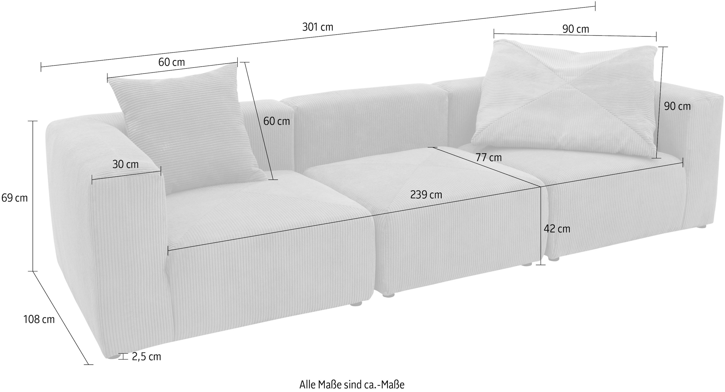 RAUM.ID Big-Sofa »Gerrid«, Cord-Bezug, bestehend aus Modulen: 2 Eck- und ein Mittelelement