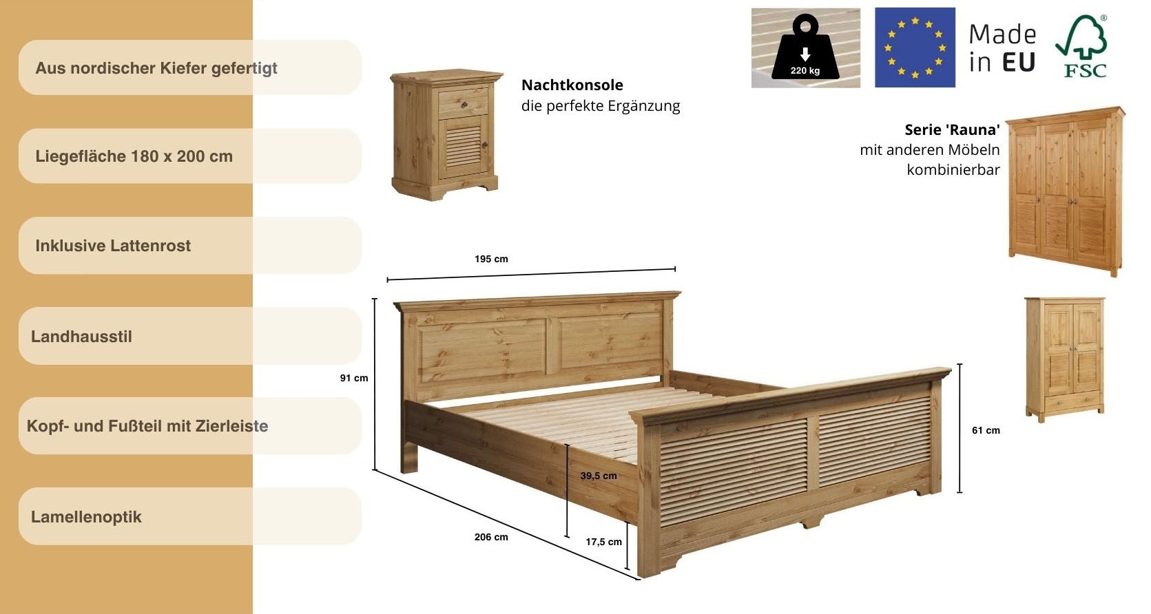Home affaire Bett »Rauna, Landhausstil, edles Design mit Lamellen und Kassetten, 2 Farben«, (Breite/Belastbarkeit 180cm=220 KG, 90cm=120KG), FSC® zertifiziertes Kieferholz, massive Qualität mit Lattenrost