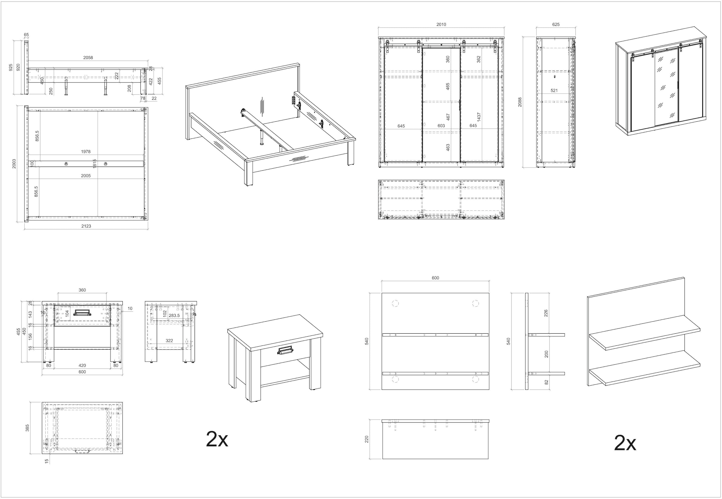 Home affaire Schlafzimmer-Set »SHERWOOD«, (6 tlg.), Liegefläche 180x200cm, Schrank 3-trg. 201cm breit