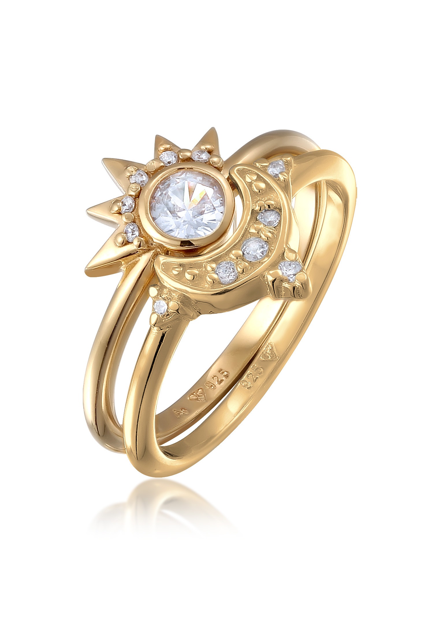 Elli Ring-Set »Ring Mond Sonne Zirkonia 2er Set 925 Sterling Silber vergoldet«