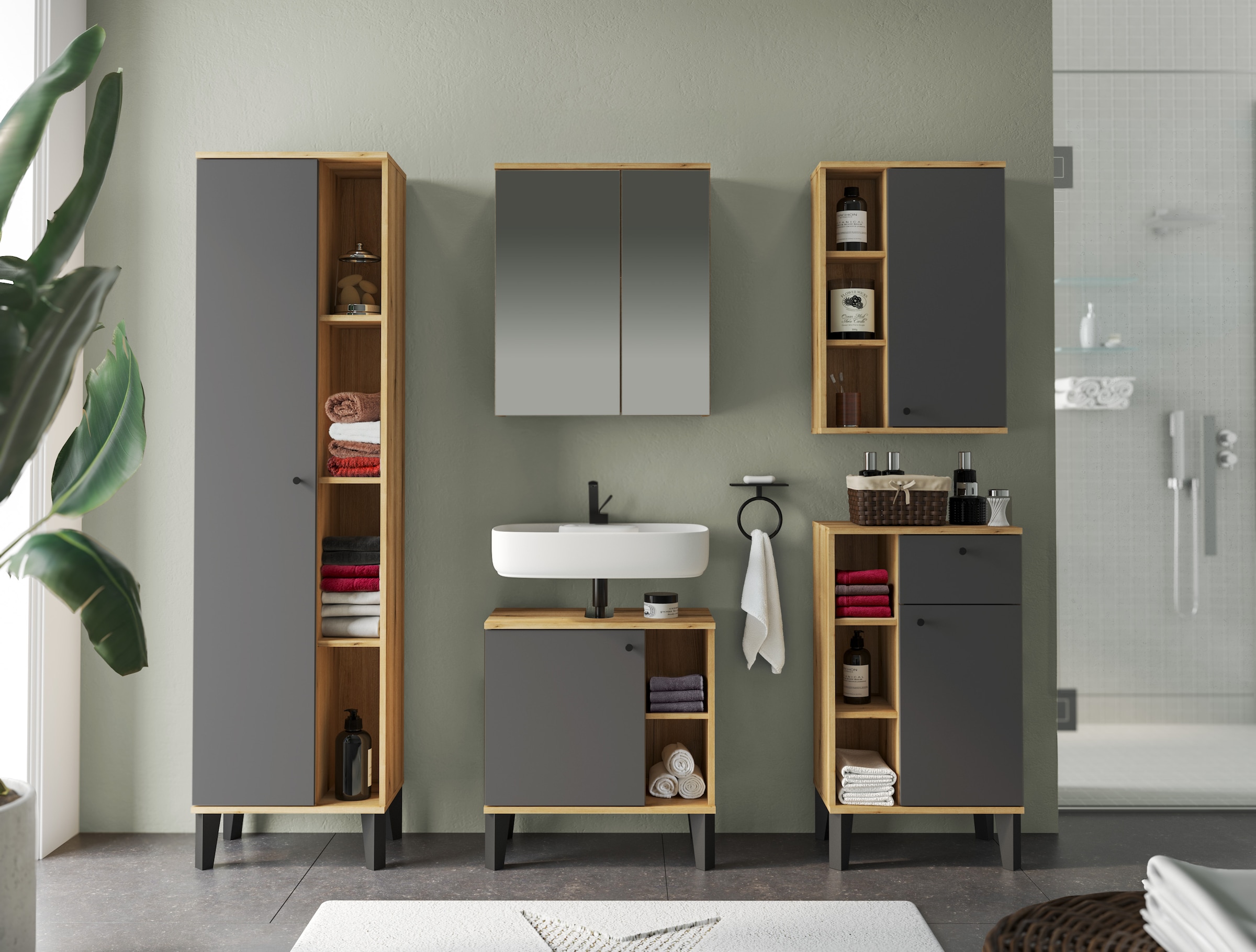 INOSIGN Badmöbel-Set »OSLO, Bad im skandinavischen Design, 5-teiliges Badezimmer«, (Set, 5 St.), Badschränke und Spiegel, in zwei Farben verfügbar, viel Stauraum