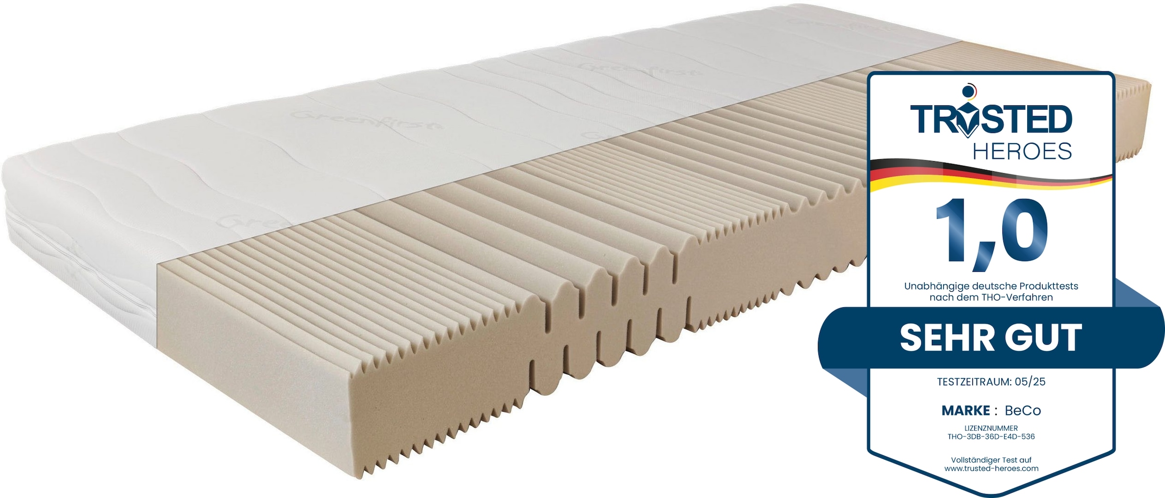 Beco "Matratze Active Greenfirst, Matratze in diversen Größen erhältlich" 18 cm hoch Raumgewicht: 28 kg/m³ 1 Stk. tlg. Matratze in 90x200 cm und weiteren Größen, punktelastische Matratze