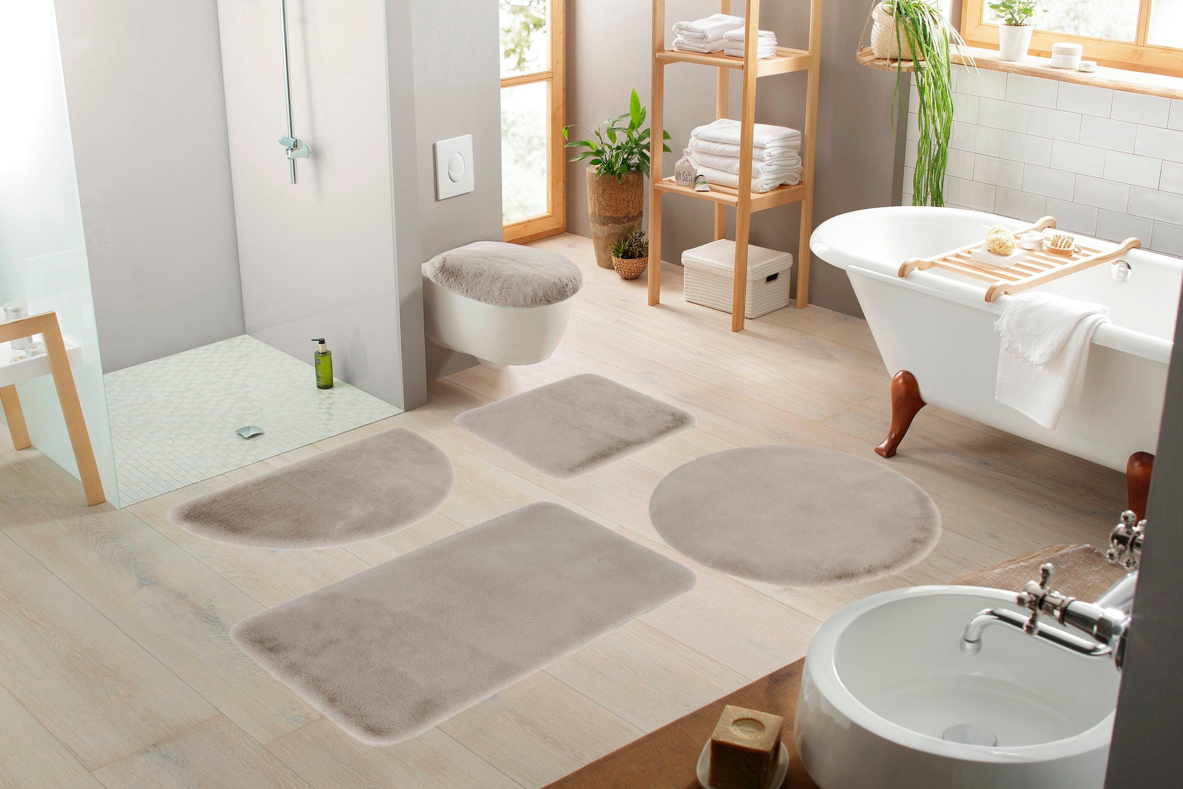 my home Badematte »Rabbit Badematten, Badvorleger, Badezimmer Teppich«, rutschhemmend beschichtet, strapazierfähig-fußbodenheizungsgeeignet-schnell trocknend, Kaninchenfell-Haptik, Badteppich, rechteckig, rund & als 3-tlg. Set