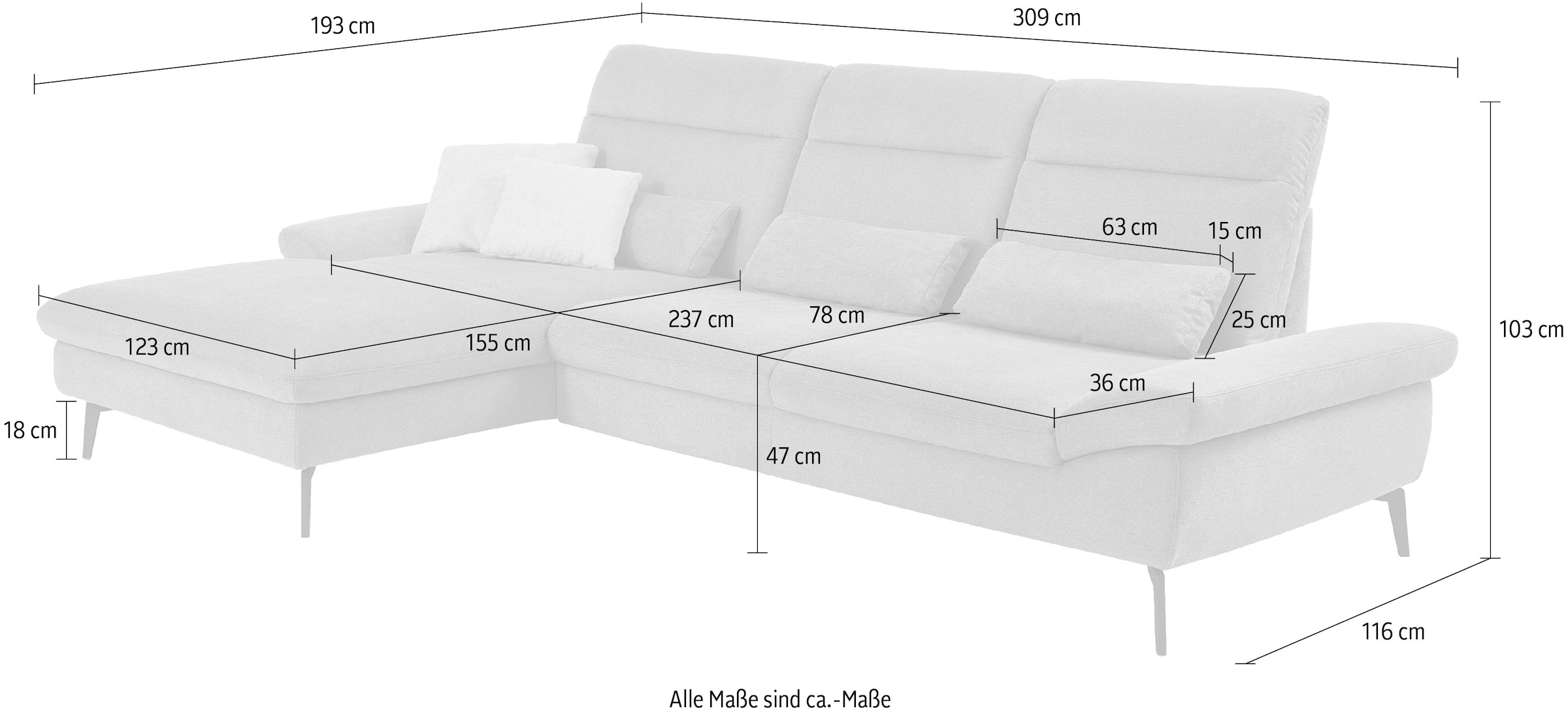HUKLA Ecksofa »HU-HP22156 L-Form«, inkl. Kopfpolsterverstellung, optional mit Sitztiefenverstellung