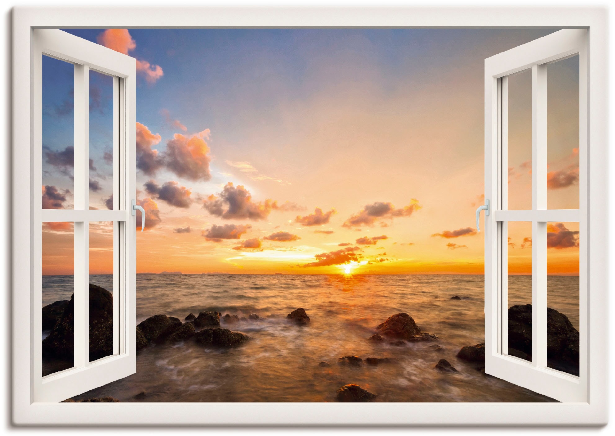 Artland Wandbild Sonnenuntergang Alubild, Leinwandbild, oder Größen »Fensterblick in Wandaufkleber auf St.), (1 Meer«, kaufen am Fensterblick, als Poster Raten versch