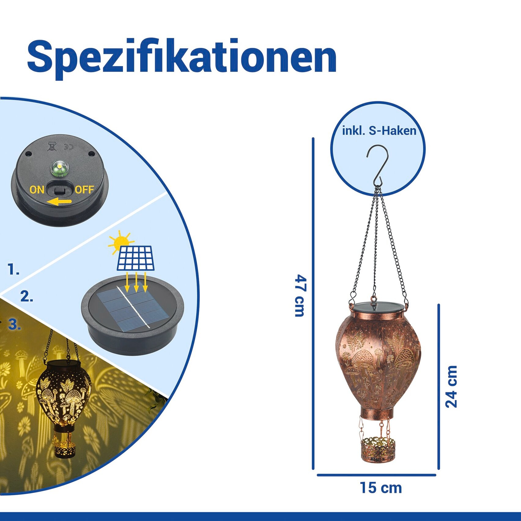 Maximex LED Gartenleuchte »Modell Heißluftballon« Warmweiß Solar-Ballon in Bronze-Optik mit Pilzmuster-Lichtprojektion