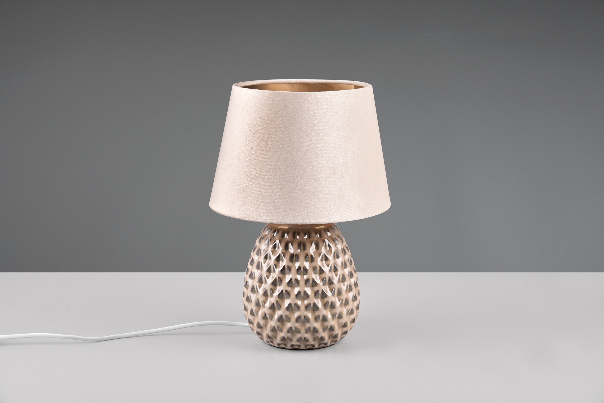REALITY Leuchten Schreibtischlampe »ARIANA Tischleuchte exkl 1xE27 max60W Höhe 35cm Ø 24cm Nachttischlampe«, 1 flammig, Leuchtmittel E27 | Leuchtmittel wechselbar, Struktur Keramik Samt Schirm innen gold,Tischlampe mit Schnurschalter