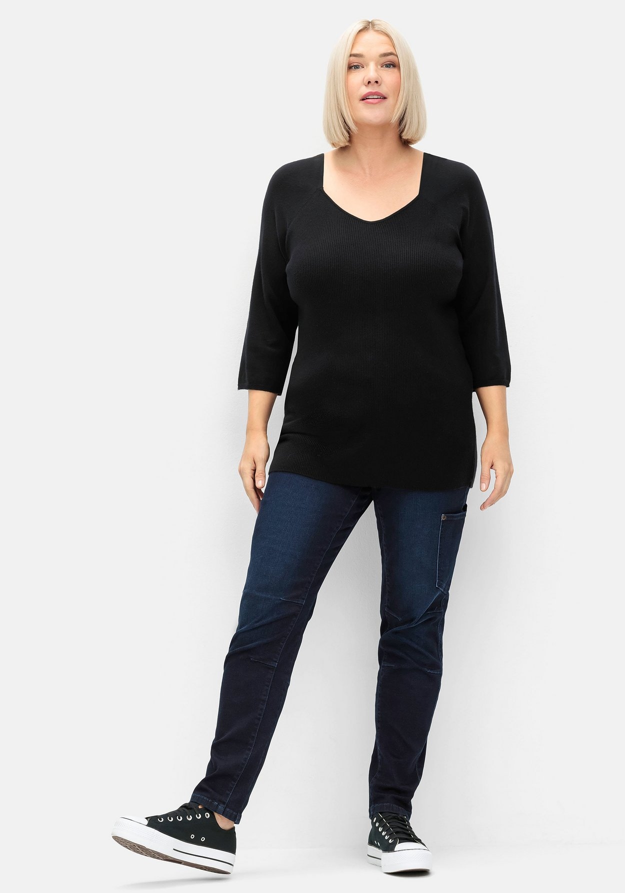 Sheego Strickpullover »Pullover mit V-Ausschnitt mit V-Ausschnitt, in Rippstruktur«