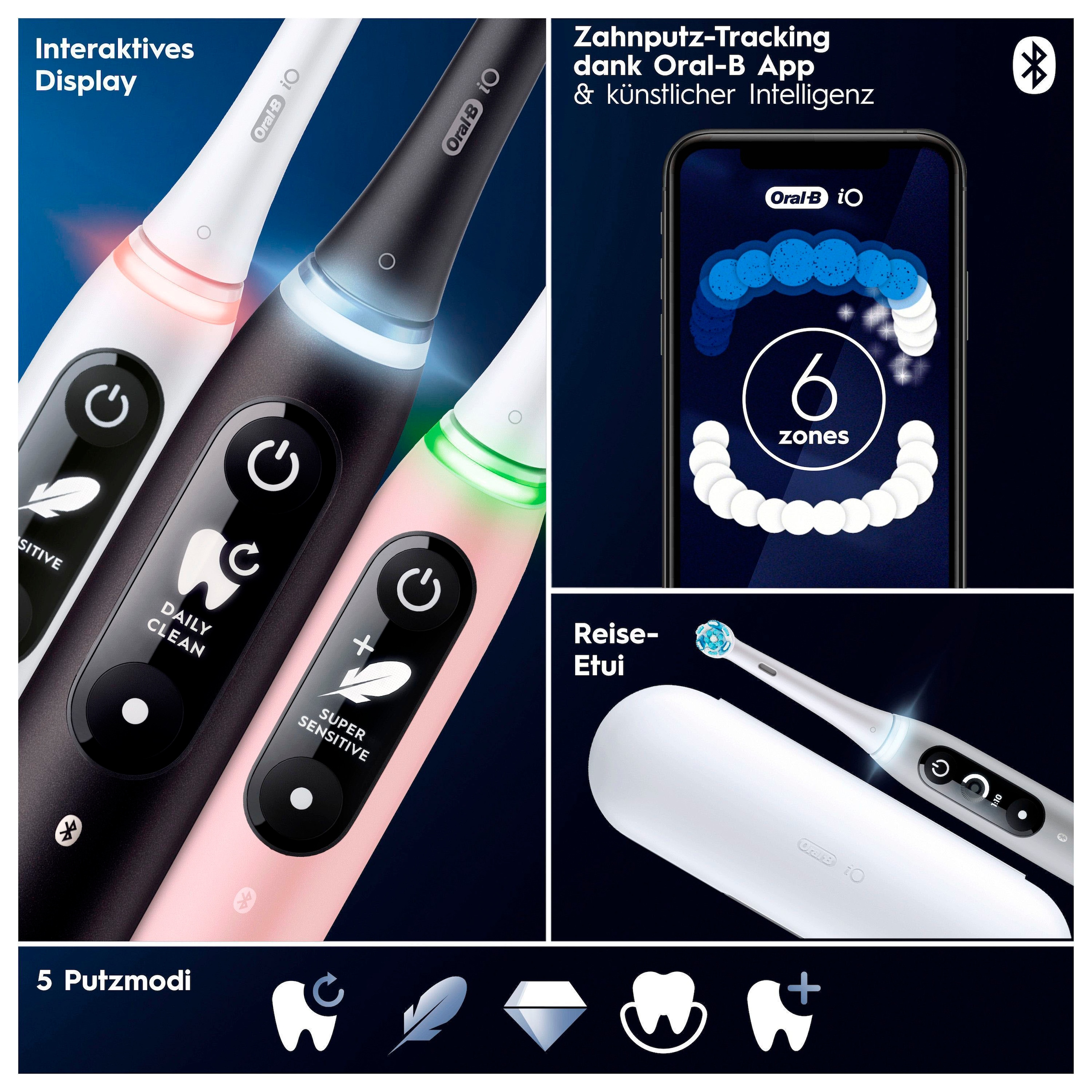 Oral-B Elektrische Zahnbürste »iO 6«, 2 St. Aufsteckbürsten, mit Magnet-Technologie, Display, 5 Putzmodi, Reiseetui