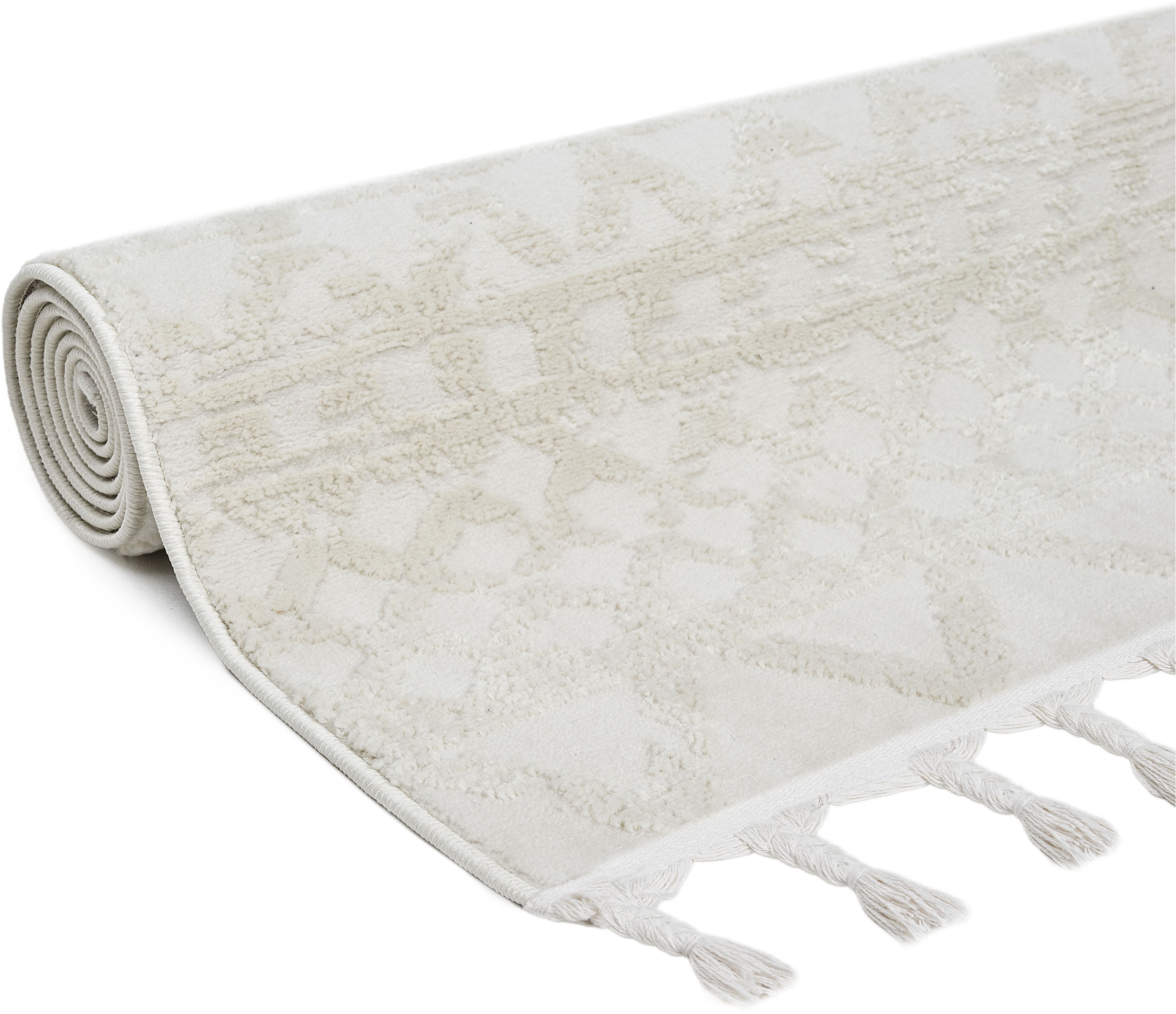 OTTO home Teppich »Ribeyret« rechteckig 11 mm Höhe mit Fransen, Hoch-Tief-Struktur, Woll-Look, Boho-Style, Wohnzimmer