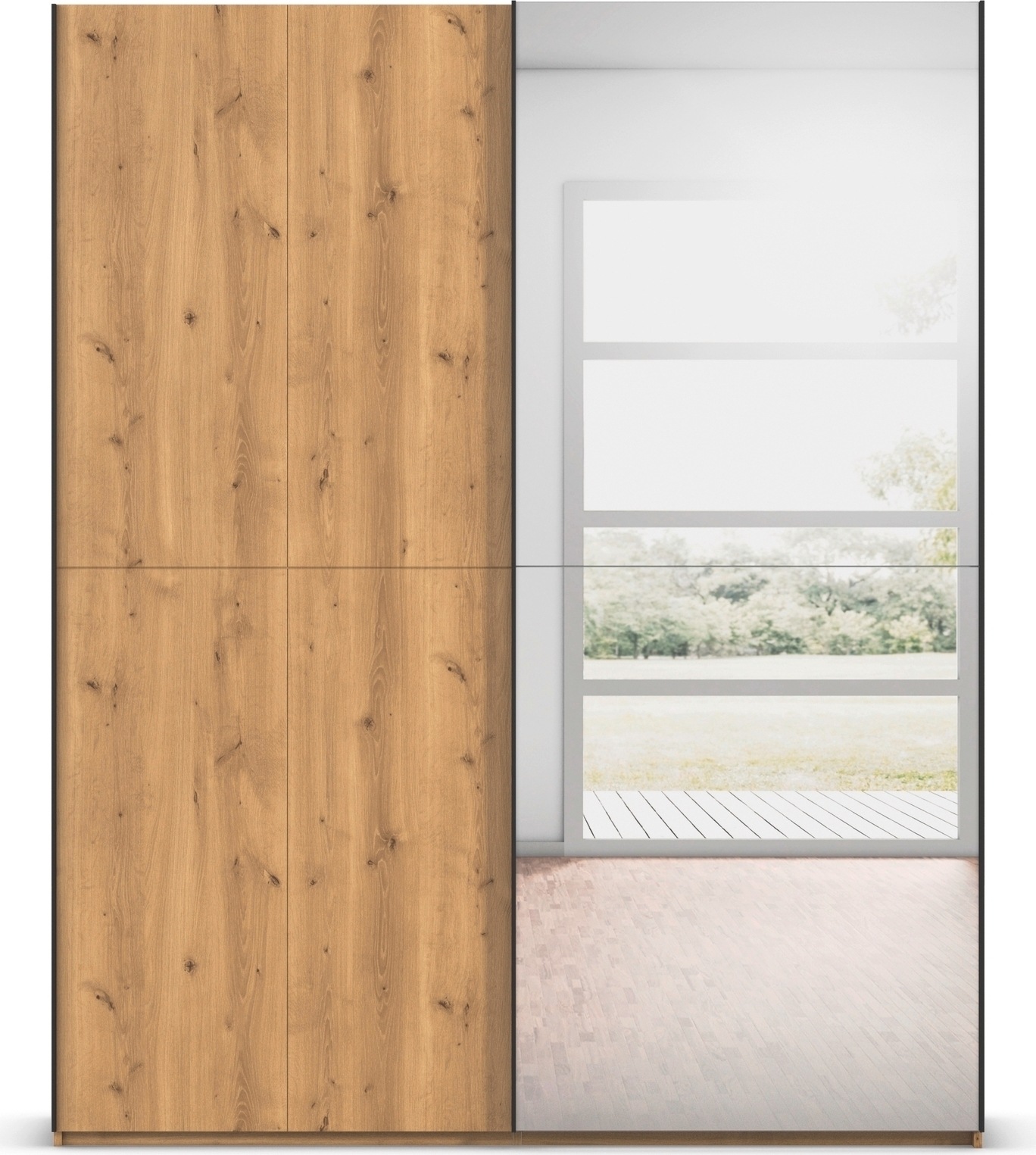 rauch Schwebetürenschrank »Kleiderschrank Schrank Garderobe Schlafzimmerschrank SCALE-WOOD« edle geteilte Front in massiver Asteiche mit Spiegel MADE IN GERMANY