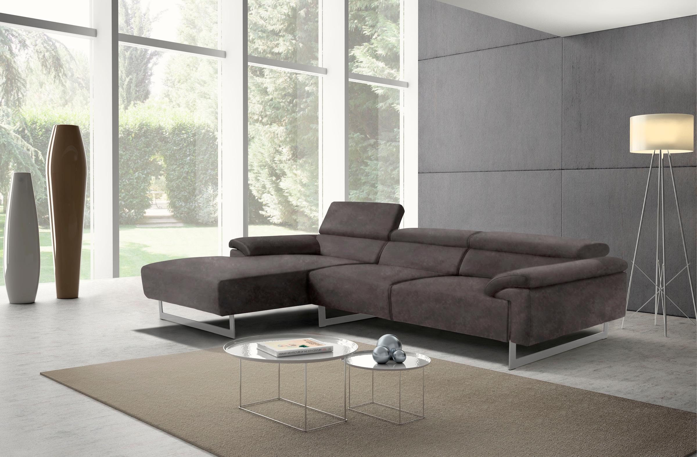 Egoitaliano Ecksofa »Malika, edel und bequem, Designsofa mit hochwertigen Bezügen, L-Form« mit Recamiere, inkl. Kopfteilverstellung und chromfarbenen Metallfüßen