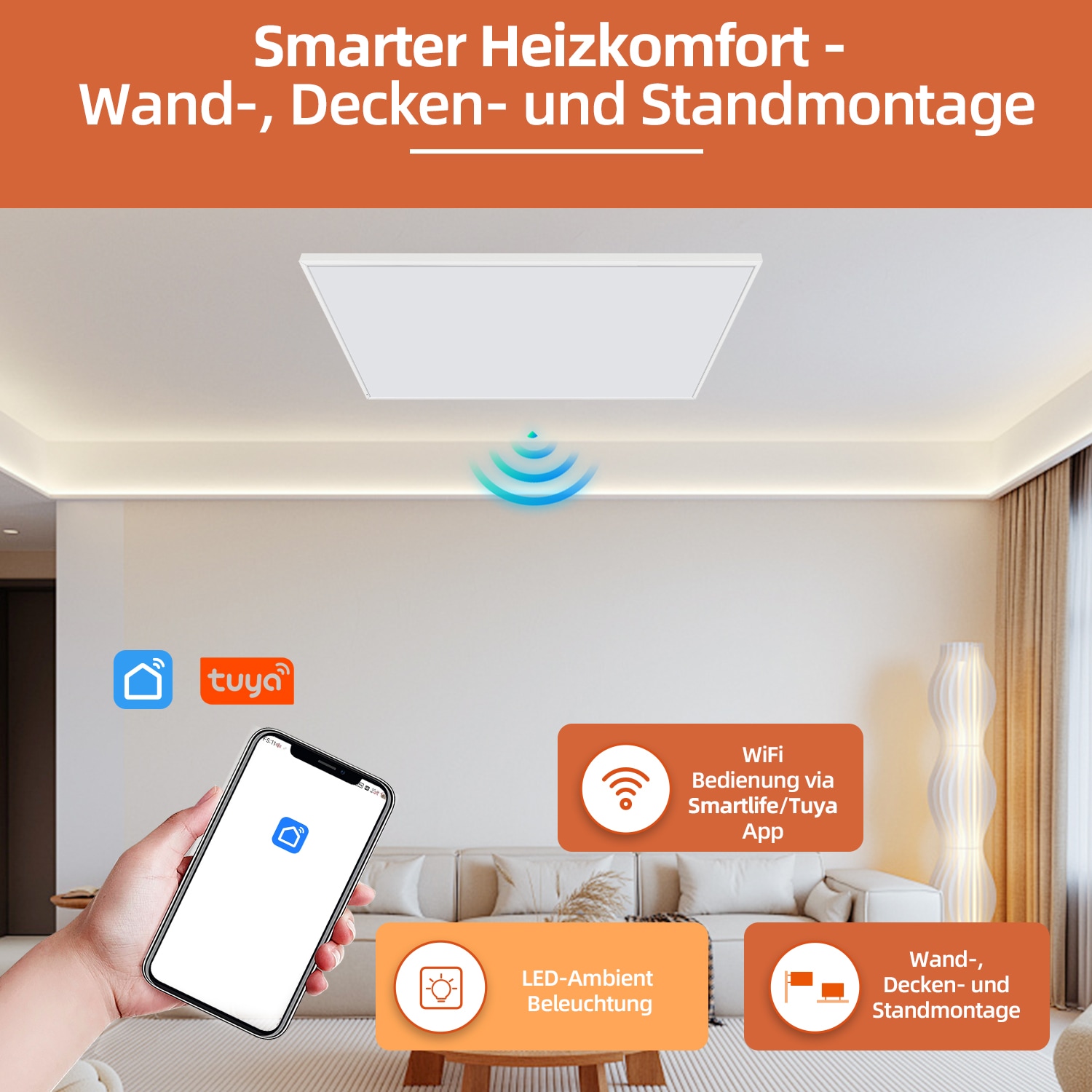 SHX Infrarotstrahler, 850 W, Smart Home fähig (Wifi), dimmbare Ambiente-LEDs